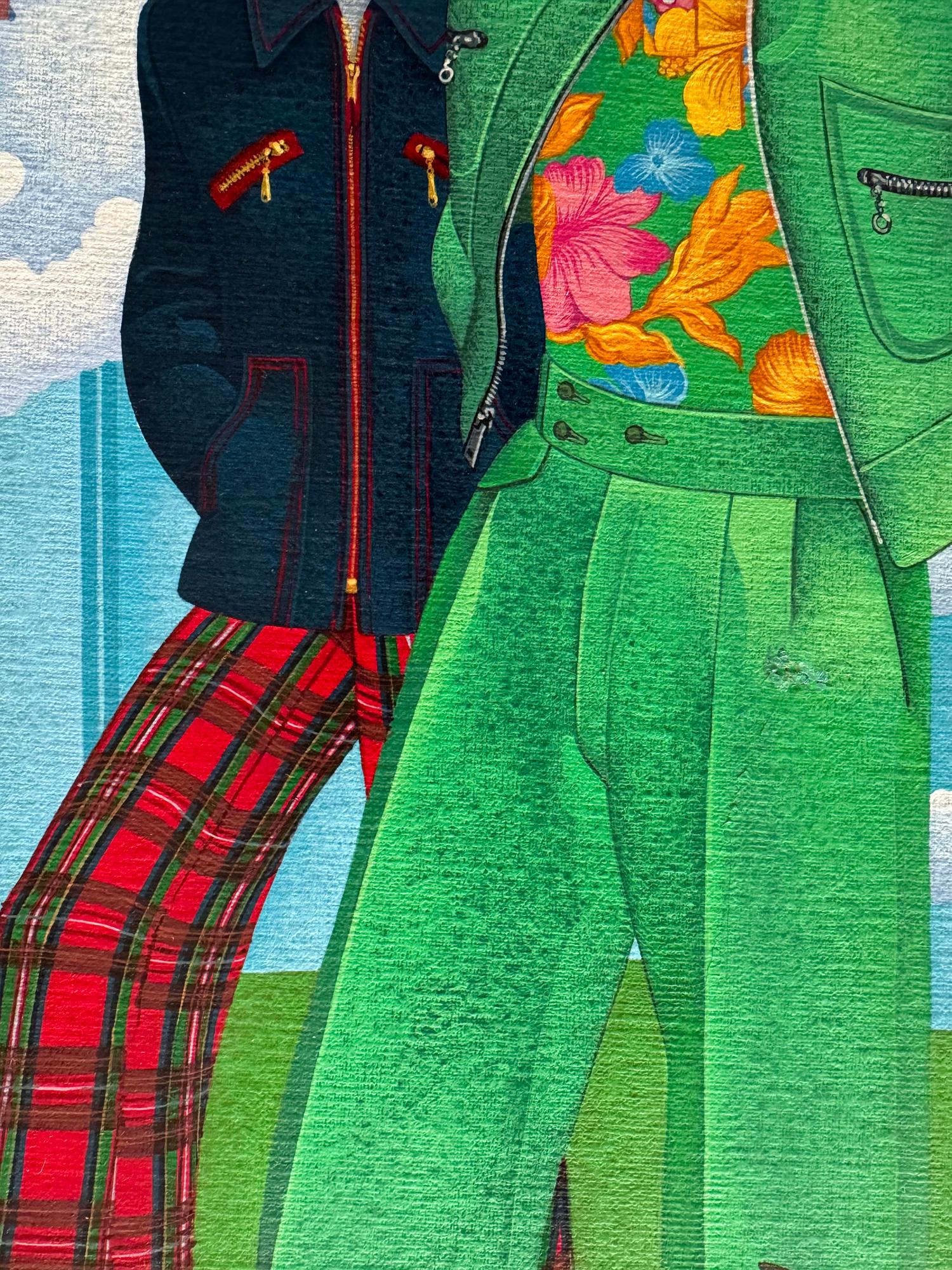 Groovy 1970s Men's Fashion Bell Bottoms Surreal Bumble Bee - Bleu Landscape Painting par Wilson McLean