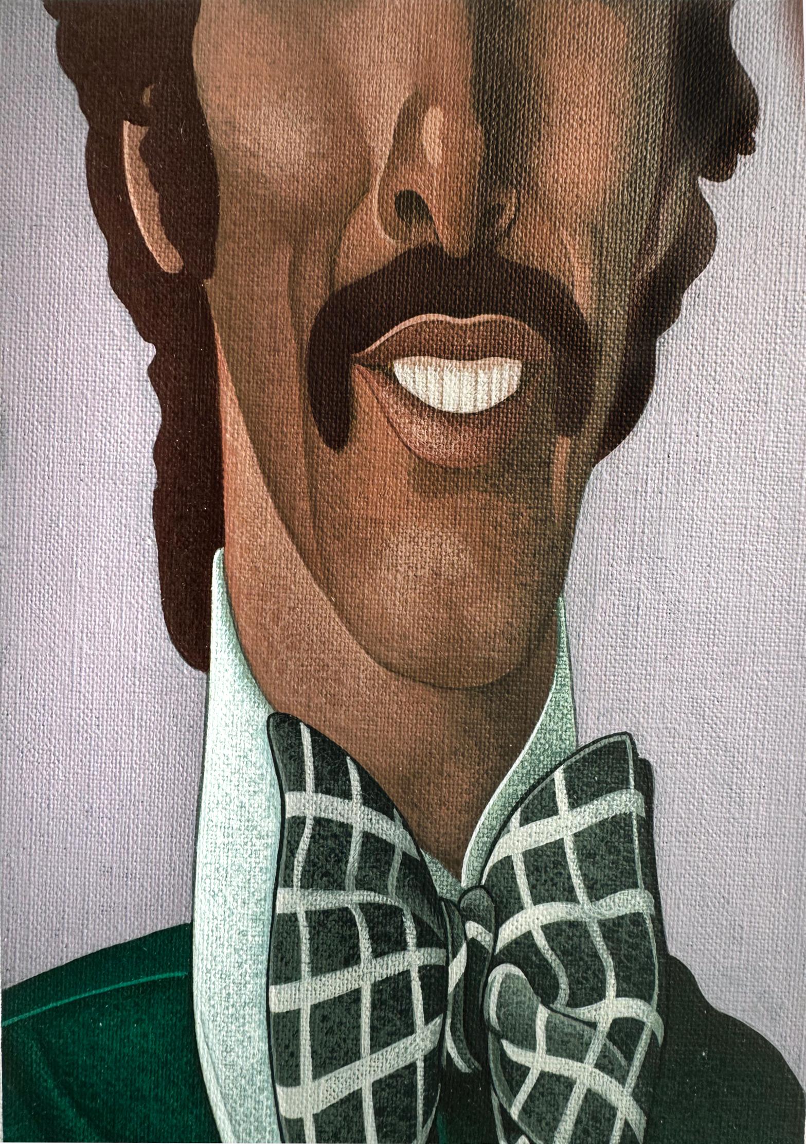 Groovy 1970s Men's Fashion - Gay Interest - like Domenico Gnoli - Gray Portrait Painting by Wilson McLean