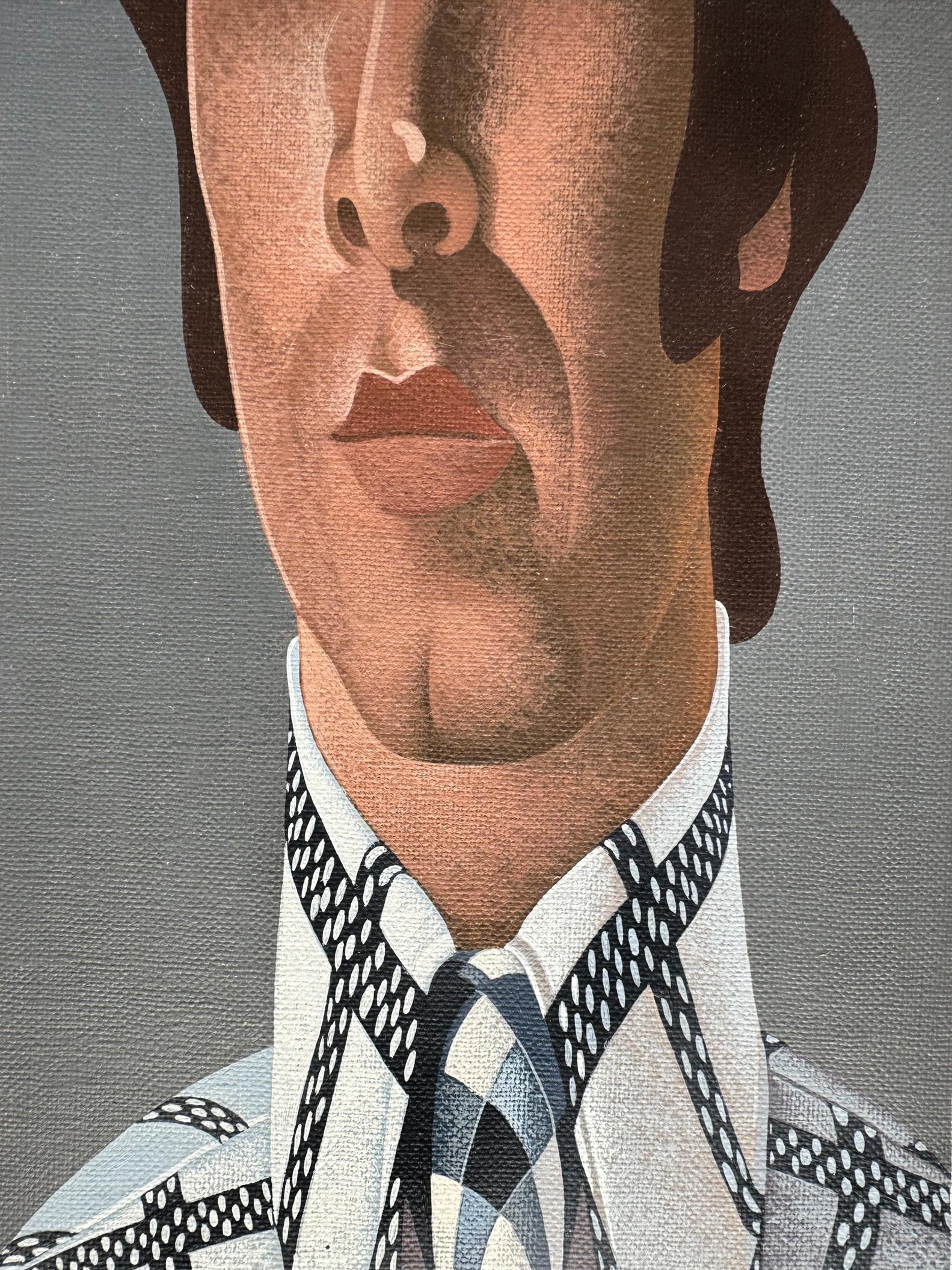 Illustration Star Wilson McLean executes a 1970s male fashion assignment that is situated at the intersection of realism and abstraction.  Four male models are depicted with a tight vertical cropping and are uniformly spaced on a grid-like