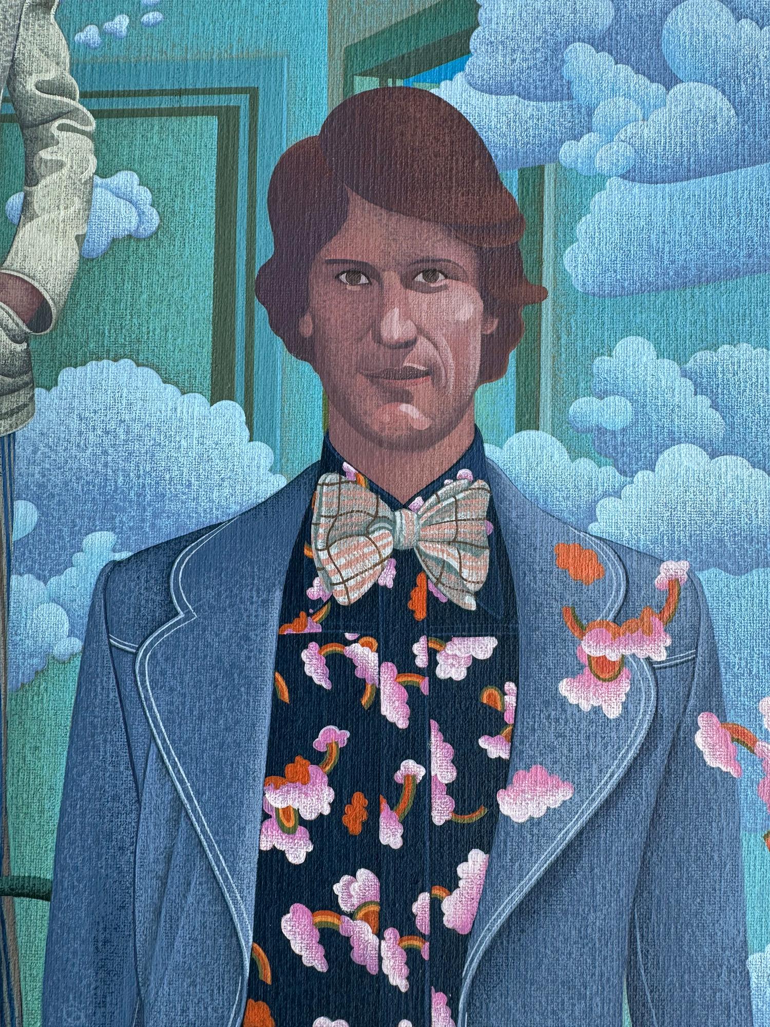 Moda maschile surreale dei fantastici anni '70 - Dragon Fly Rene Magritte Clouds - Painting di Wilson McLean