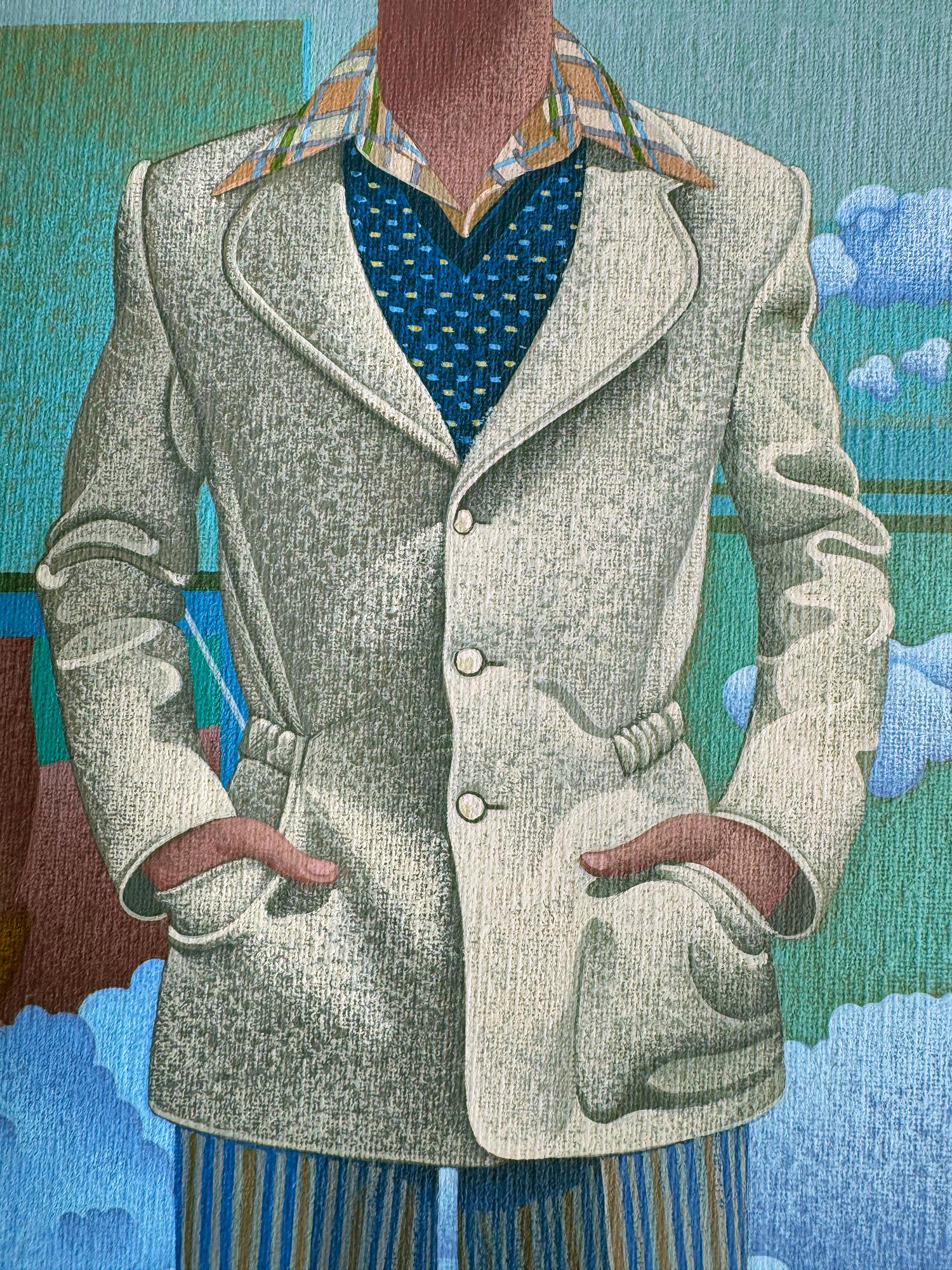 Moda maschile surreale dei fantastici anni '70 - Dragon Fly Rene Magritte Clouds - Painting Surrealismo di Wilson McLean