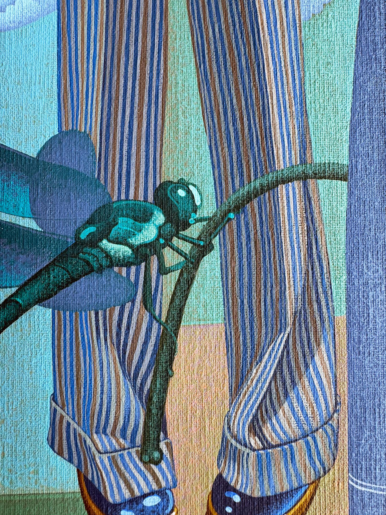 Moda maschile surreale dei fantastici anni '70 - Dragon Fly Rene Magritte Clouds - Portrait Painting Blu di Wilson McLean