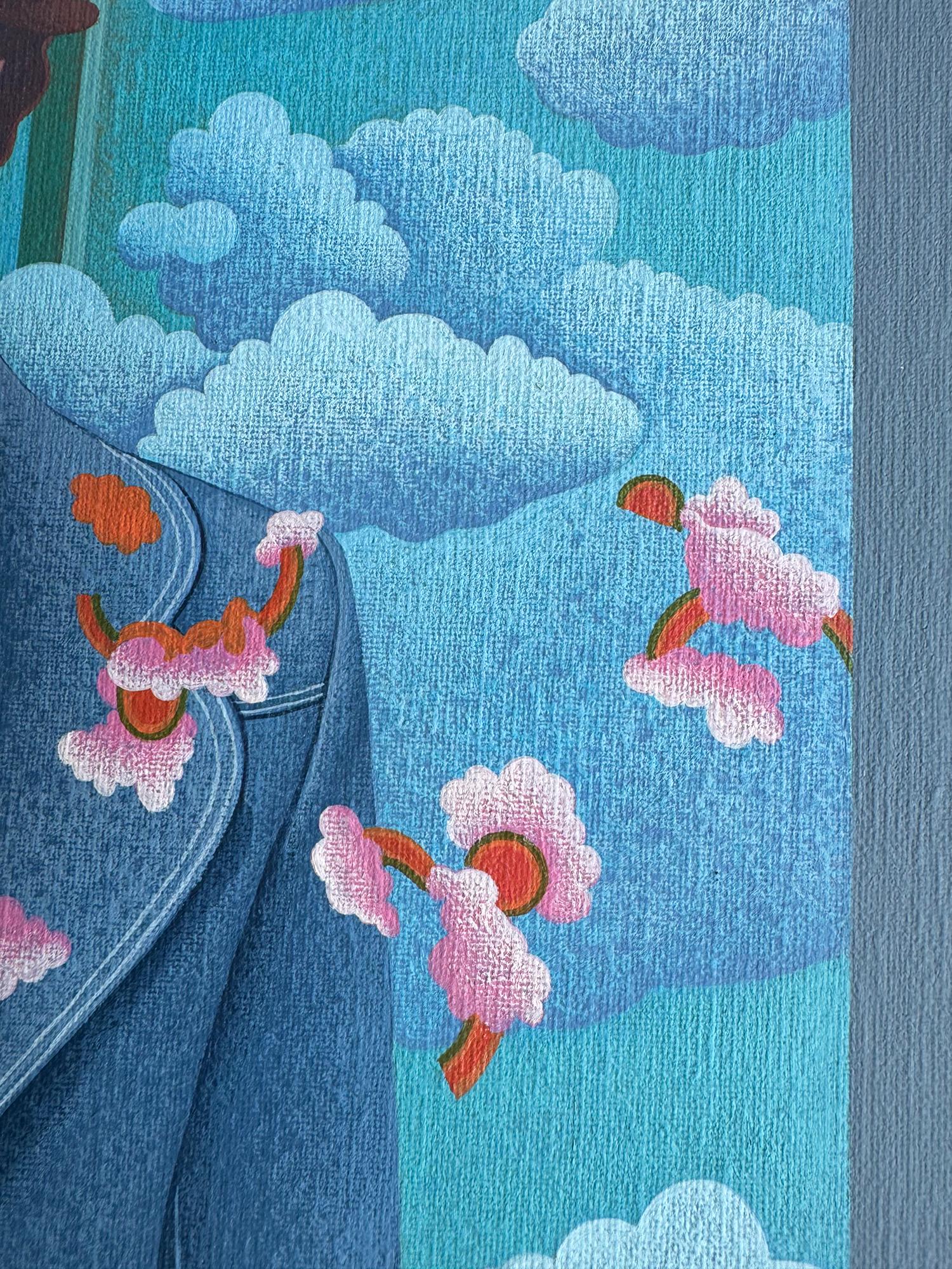 Questa surreale illustrazione di moda maschile con una libellula è messa in scena in un ambiente interno/esterno con le nuvole oniriche di Rene Magritte. Particolarmente interessante è il modo in cui l'artista ha ritagliato la testa della figura di