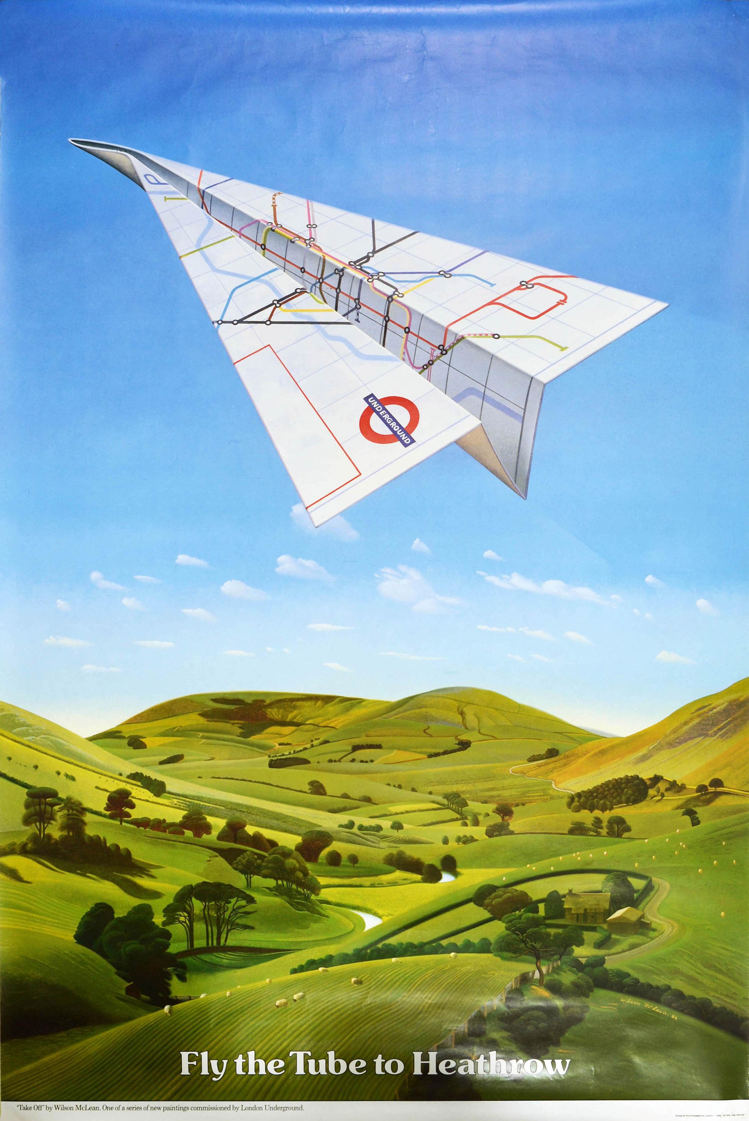 Wilson McLean Print - Original Vintage London Transport Poster Tube To Heathrow Origami Plane Design