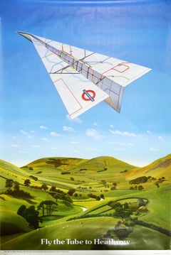 Original Vintage Londoner Transportplakat „ Tube To Heathrow“, Origami-Flugzeug-Design