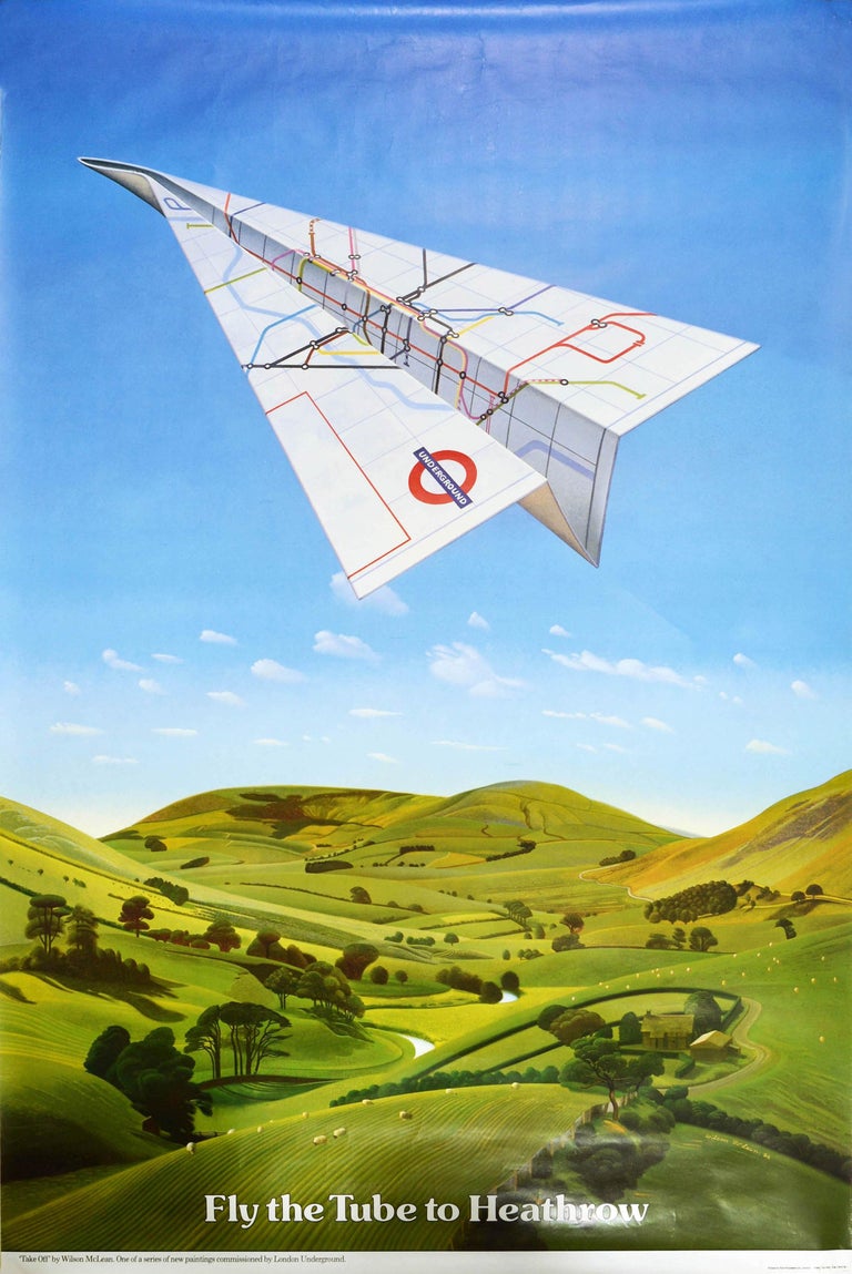 Wilson McLean Original Vintage London Transport Poster Tube To Heathrow Origami Plane Design
