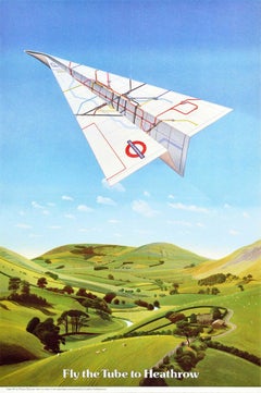 Affiche rétro originale du métro de Londres, Tube To Heathrow Airport Plane Art