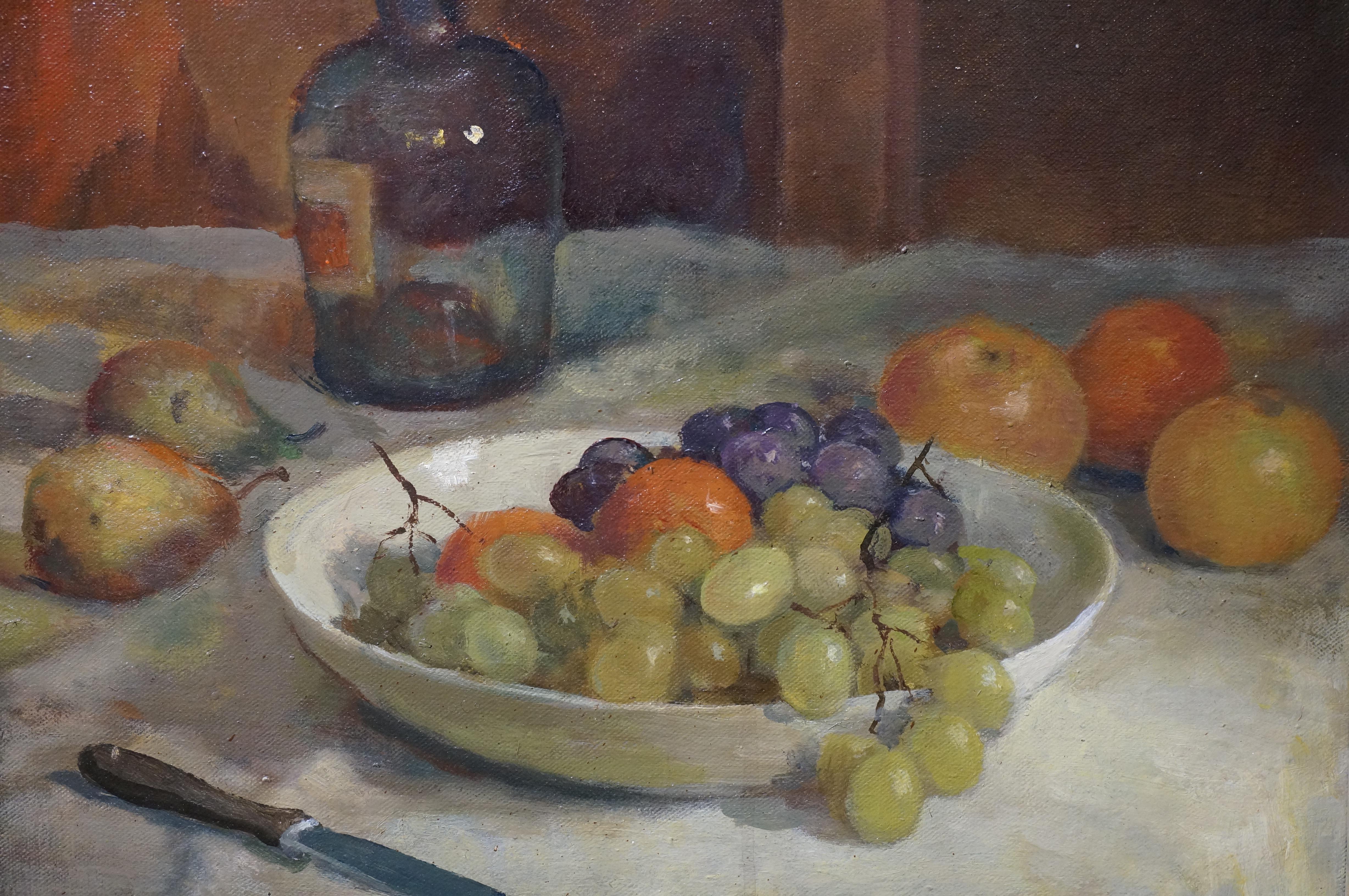 Antique oil painting on canvas, fruit stillife with grapes, Dutch artist - Painting by  Wim Borkent