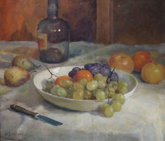 Peinture à l'huile ancienne sur toile, faune vigne avec raisins, artiste néerlandais