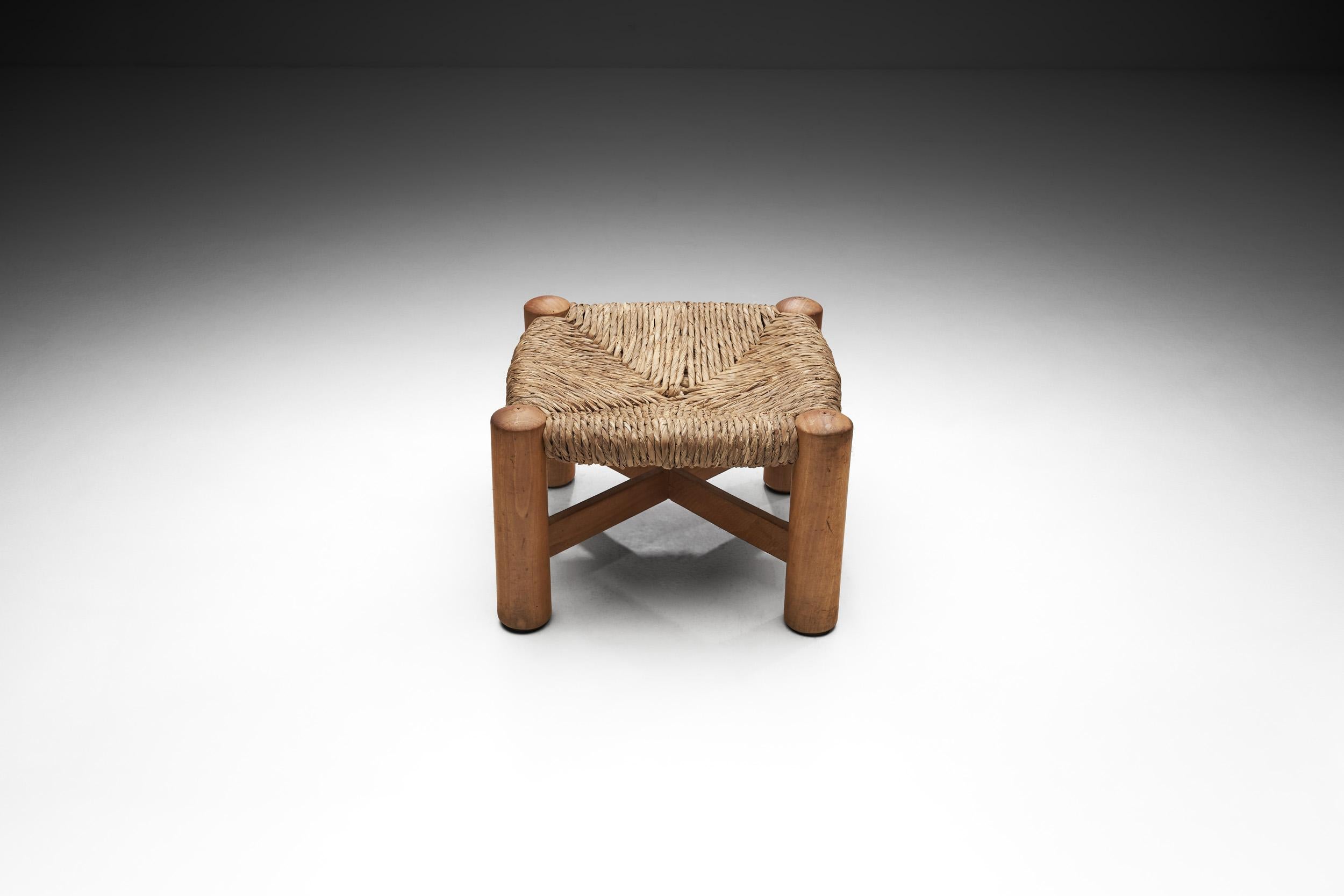 Mid-Century Modern Wim den Boon Beech and Rush Low Stool, The Netherlands 1950s