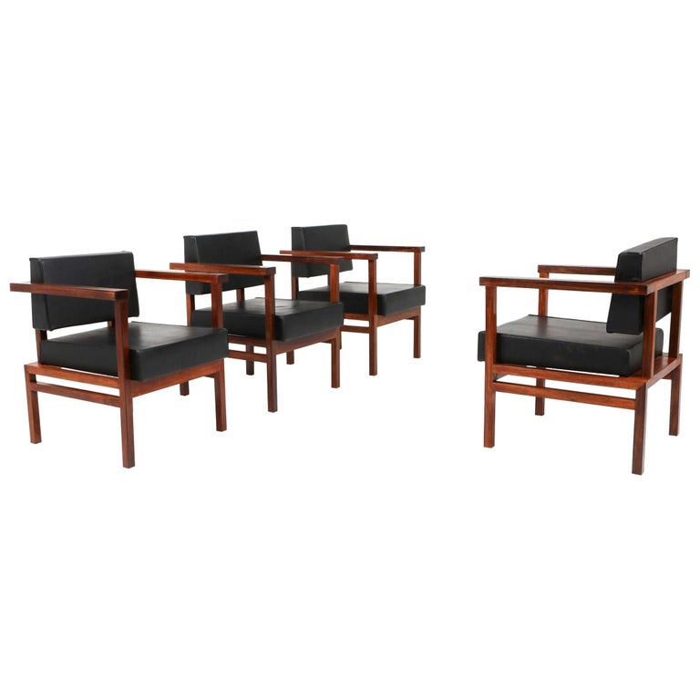 Wim Den Boon Executive Chairs in Black Leather and Rosewood For Sale