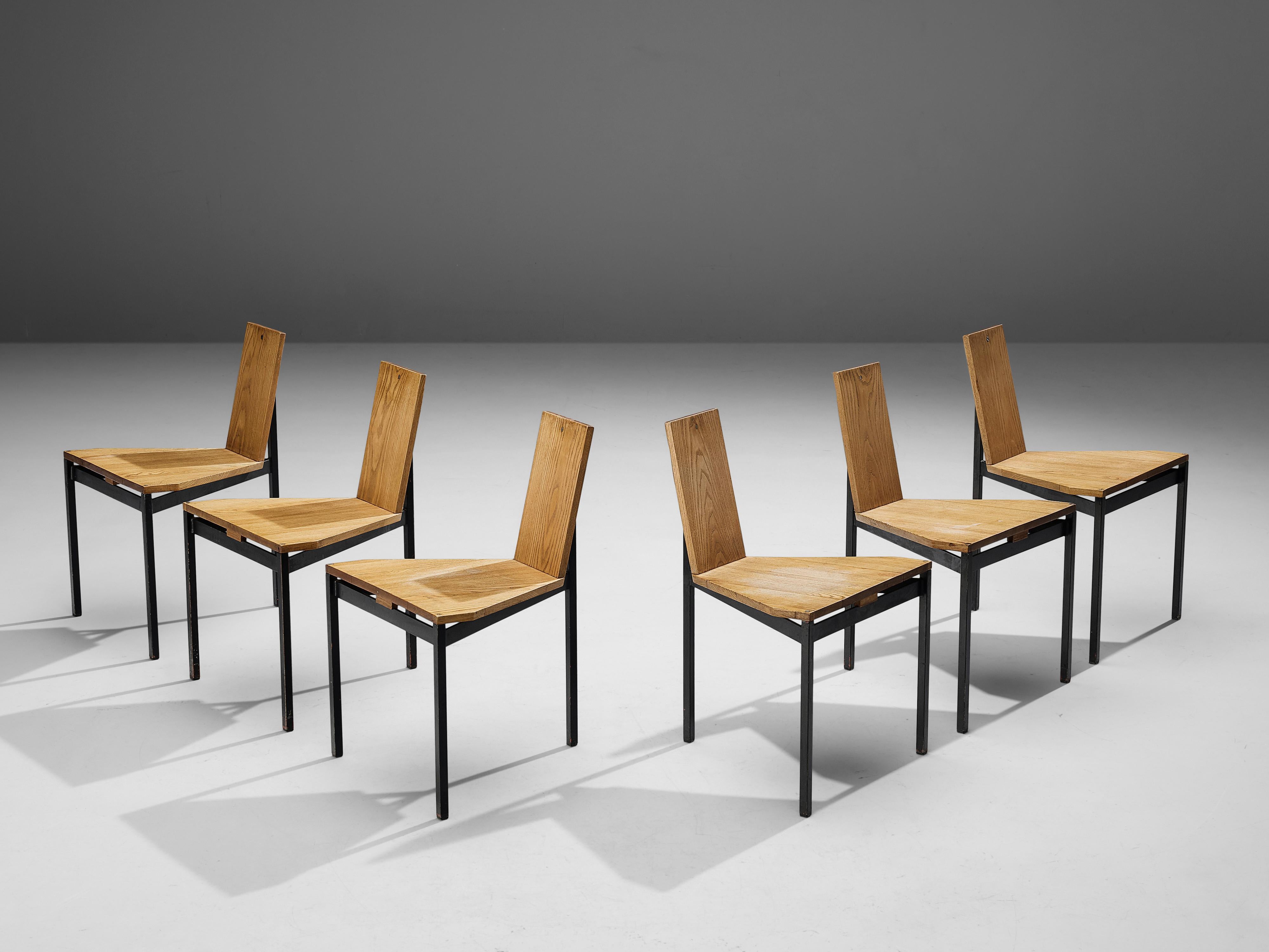 Wim den Boon, set of six dining chairs, ash, lacquered metal, The Netherlands, 1955. 

Exclusive set of six dining chairs designed by Wim den Boon for a Dutch family home, and therefore one of a kind. Each chair features a three legged geometric