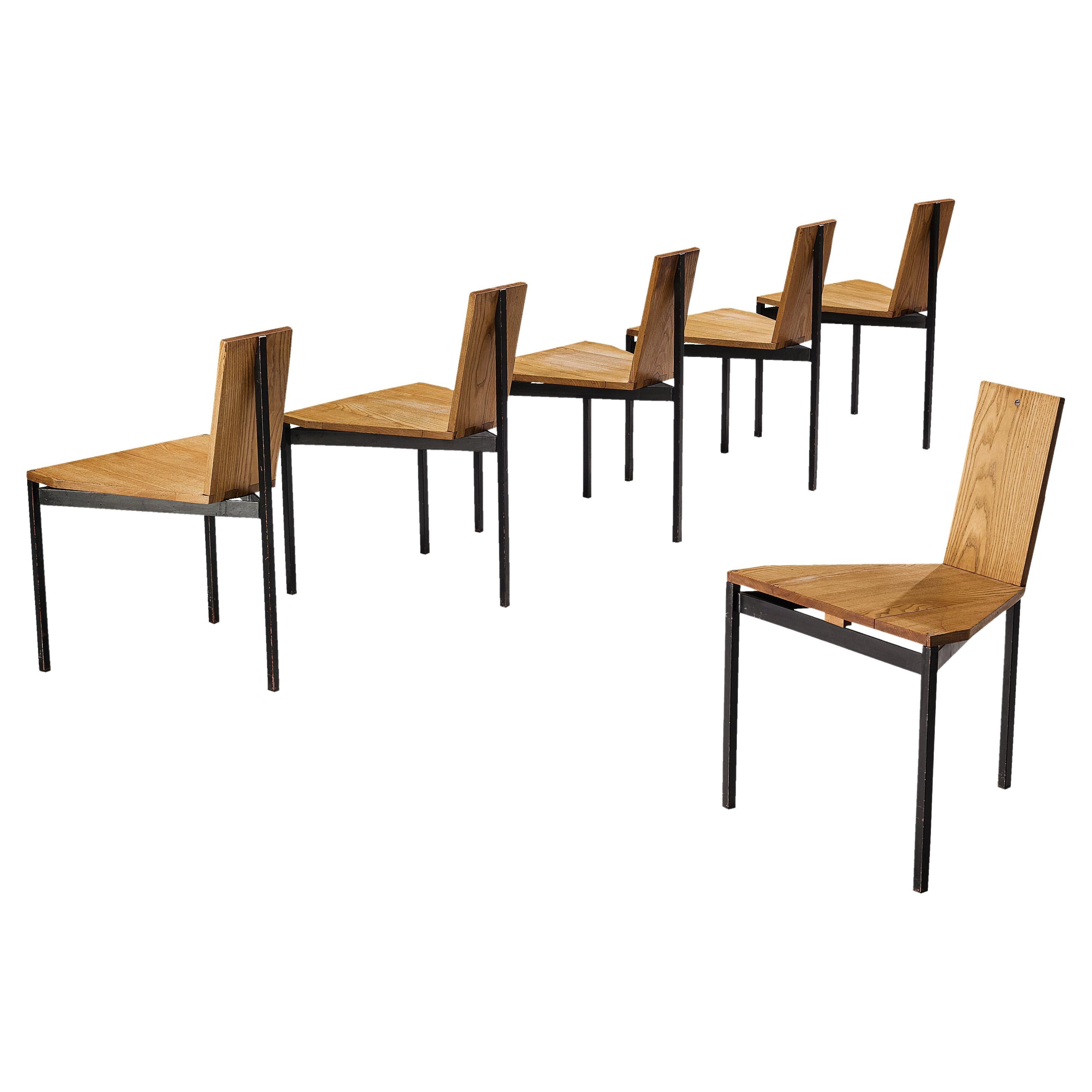 Wim Den Boon Set de six chaises de salle à manger en frêne et métal