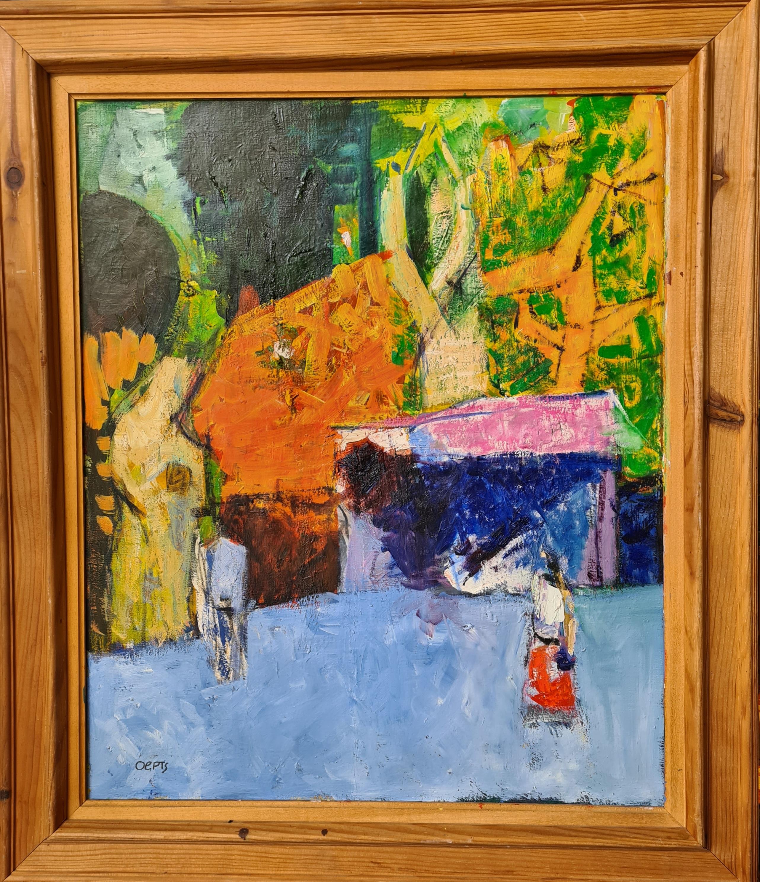 Paisaje de pueblo francés, árboles y la plaza, Gassin. - Painting de Wim Oepts
