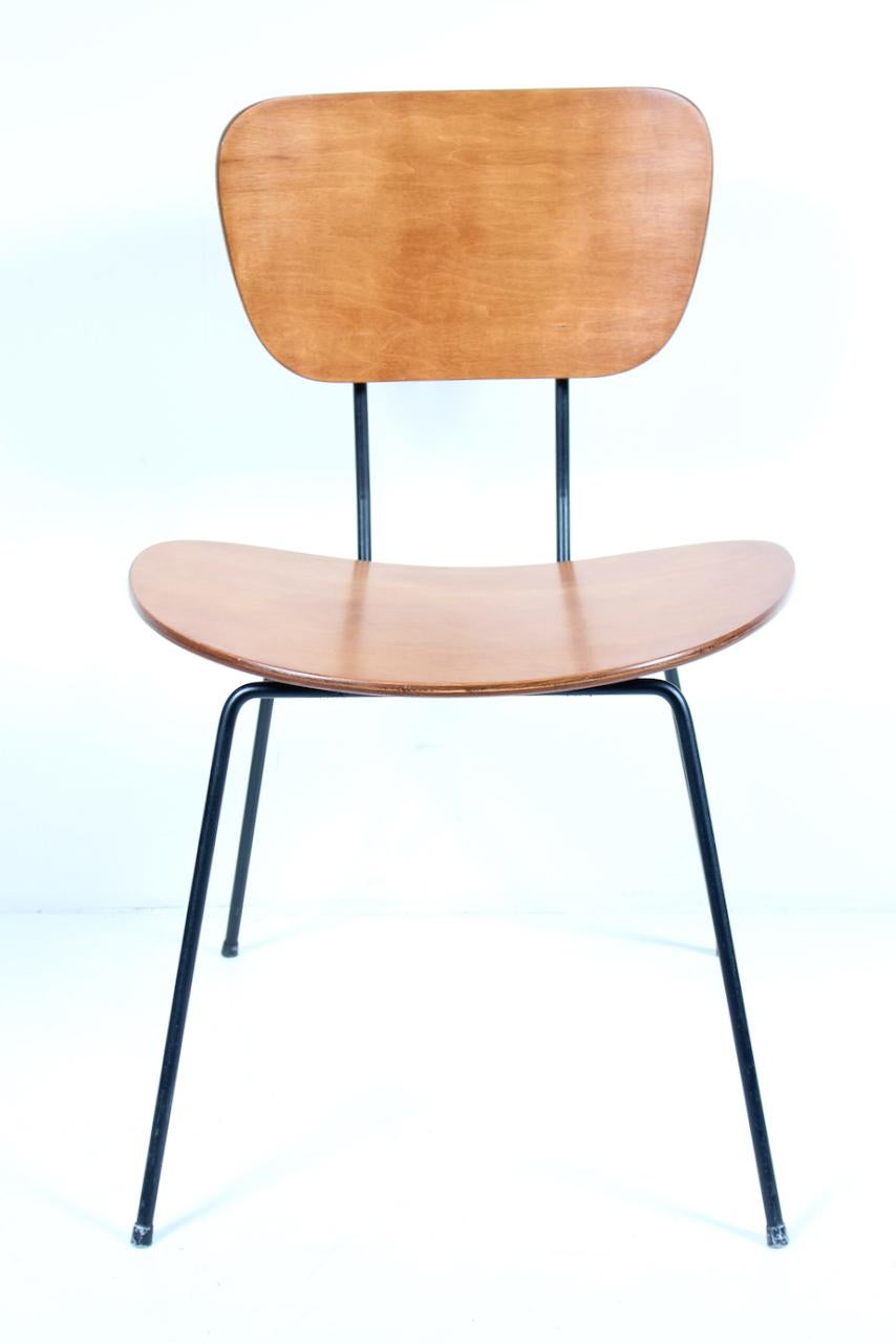 Wim Reitveld for Gispen style Black Iron & Beech Bentwood Side Chair. Desk Chair. Dining Chair. Featuring an open framework in solid enameled Iron with curved, ergonomic, Goldenrod toned, molded Beech Plywood seat and back. Mid-Century. Modernist.