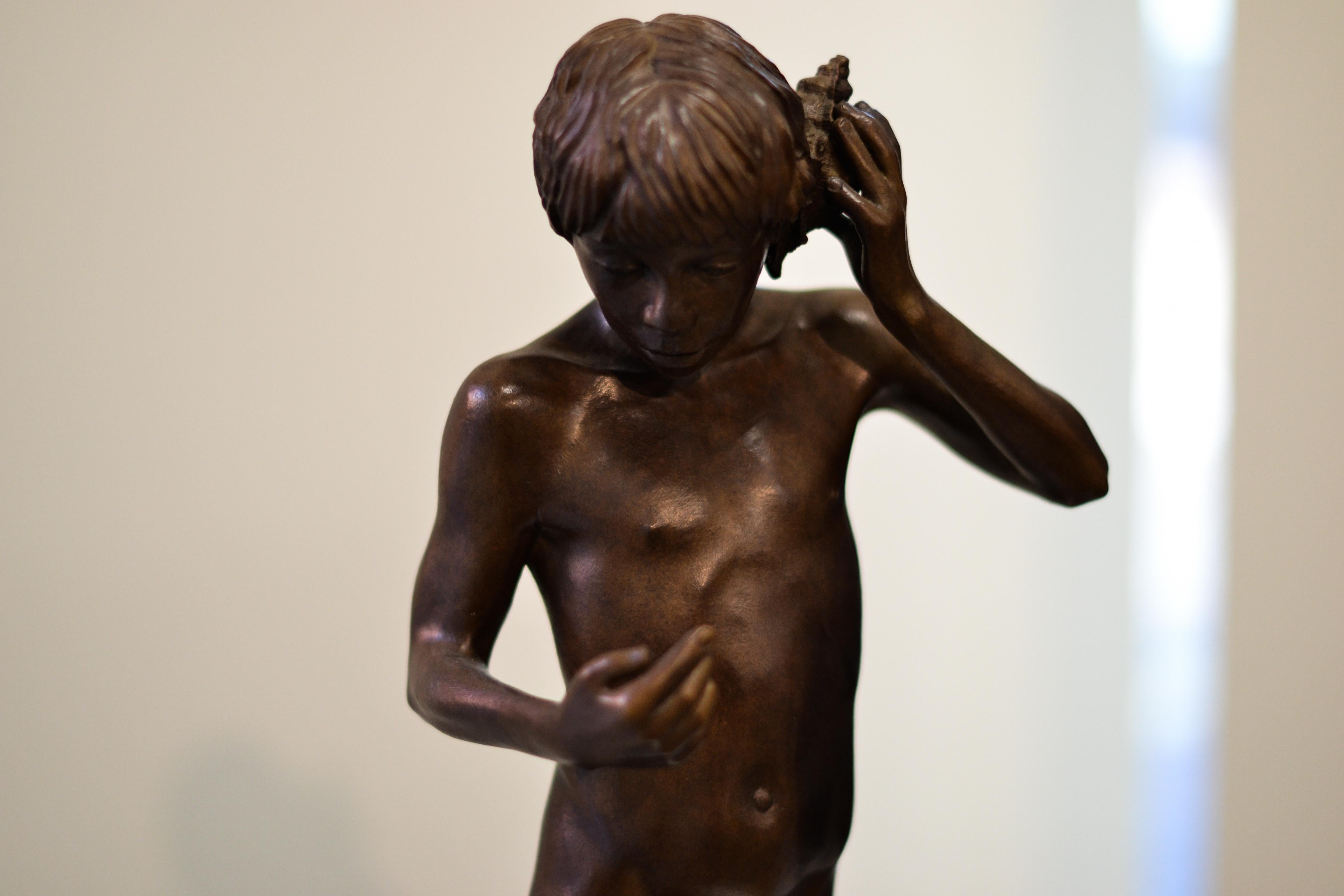 Aestus- 21st Century Contemporary Bronze Sculpture of a Nude Boy with a Shell 3