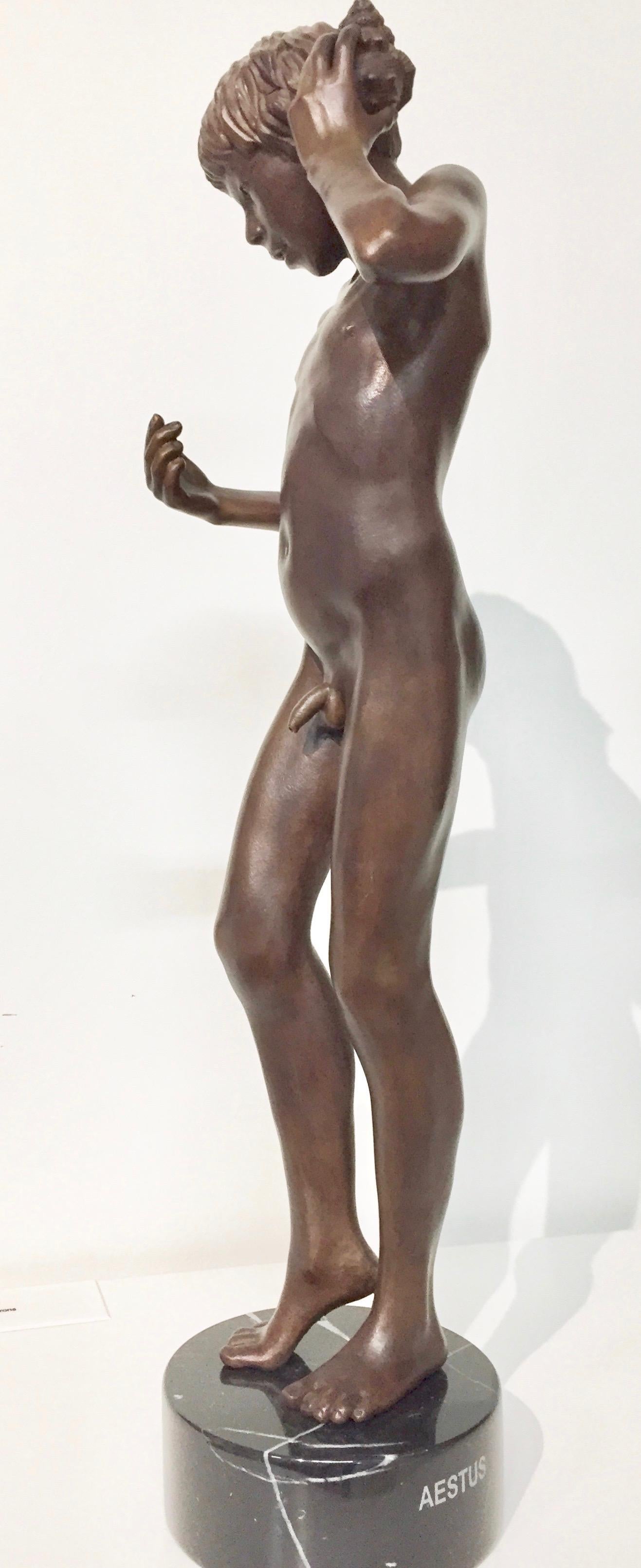 Aestus- 21st Century Contemporary Bronze Sculpture of a Nude Boy with a Shell