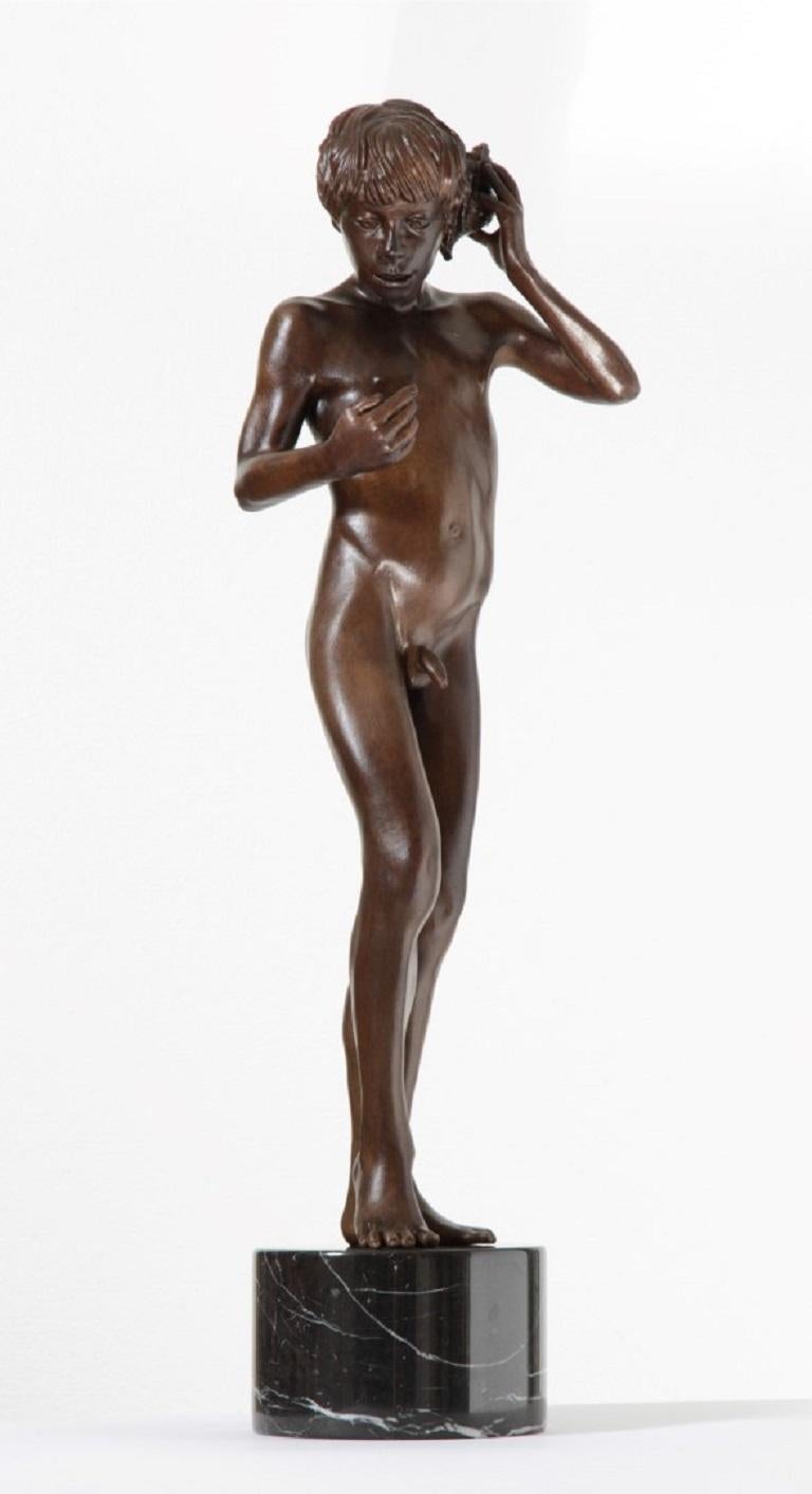 Aestus Bronze Sculpture Marble Stone Nude Boy Contemporary  - Gold Nude Sculpture by Wim van der Kant