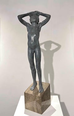 Aquila Bronze Sculpture Nude Boy Marble Stone Contemporary In Stock