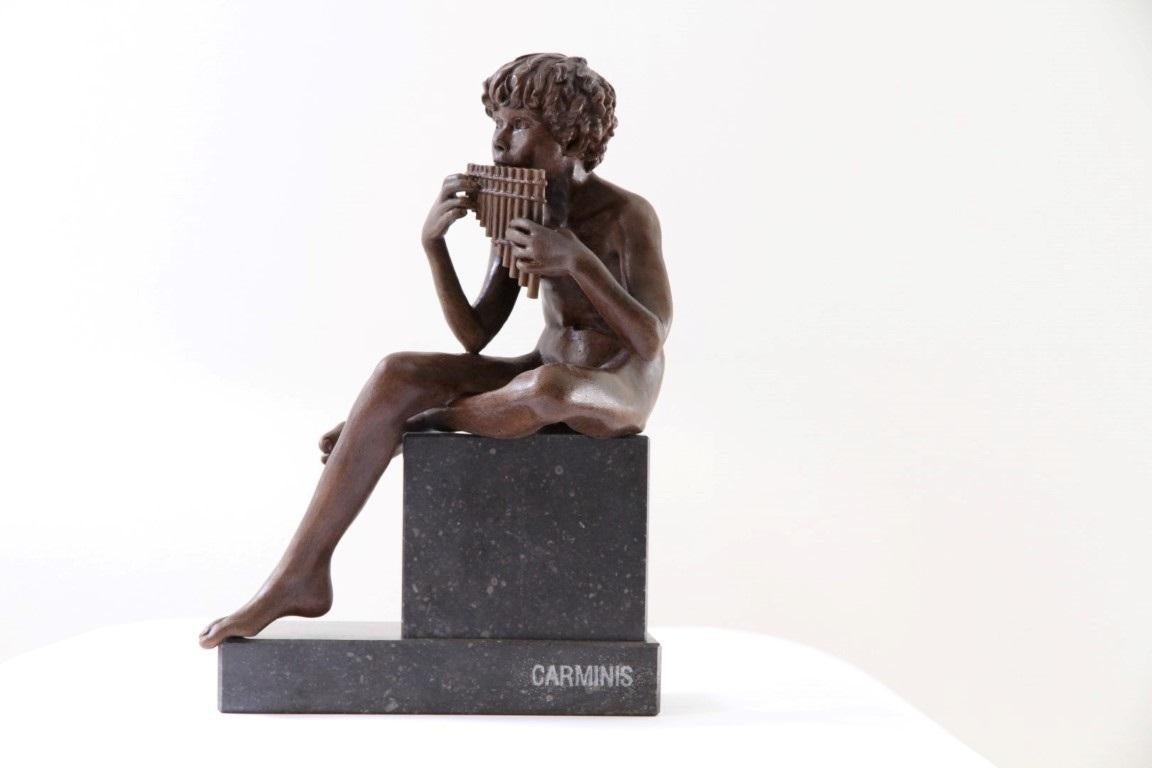 Carminis Bronze Sculpture Nude Boy Male Figure Flute Pan God - In Stock