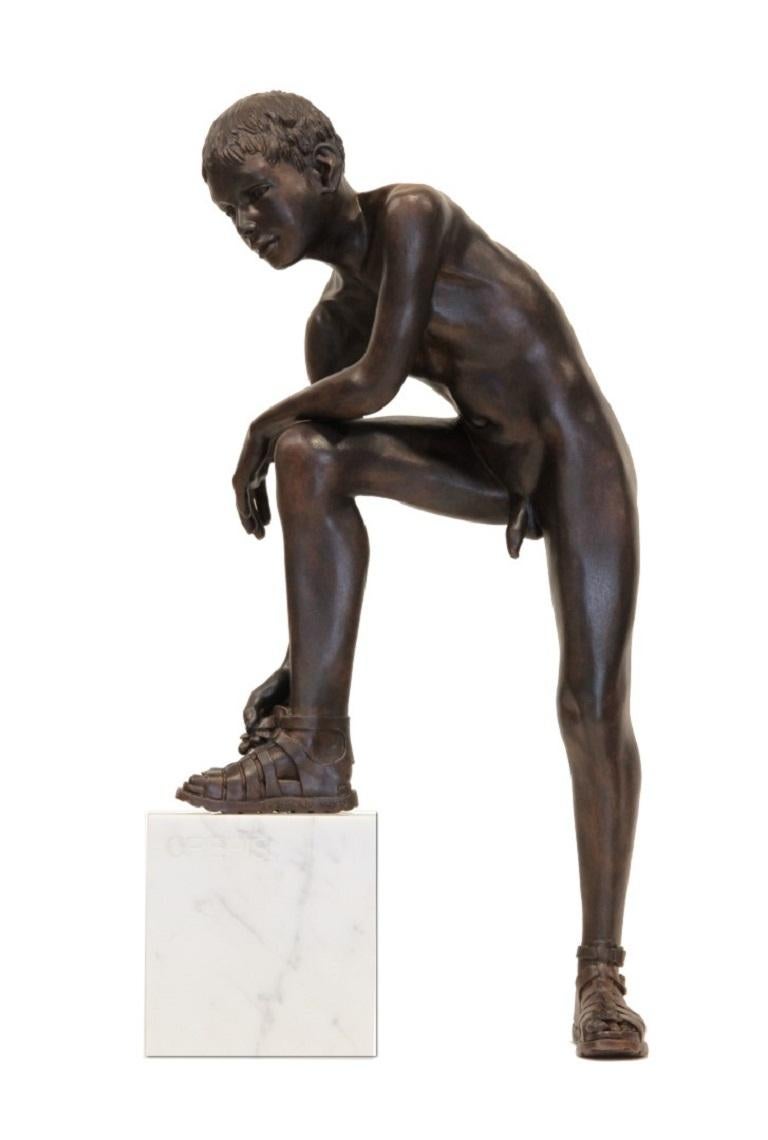 Wim van der Kant Nude Sculpture - Crepis Bronze Sculpture Nude Boy Male Figure Marble Stone