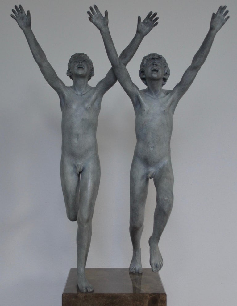 Wim van der Kant Figurative Sculpture - Cursus- 21st Century Contemporary Bronze Sculpture of Two Nude Boys Playing