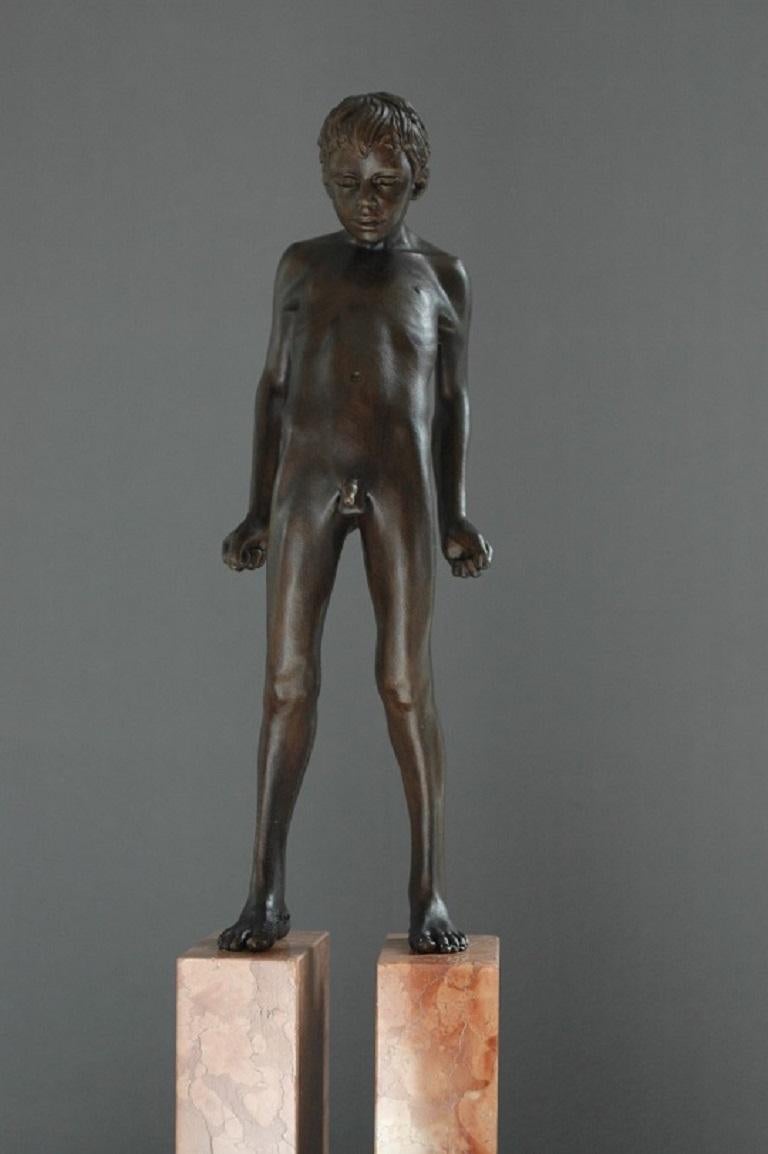 Eo Sine Manibus Bronze Sculpture Nude Boy Male Figure Standing Marble Stone