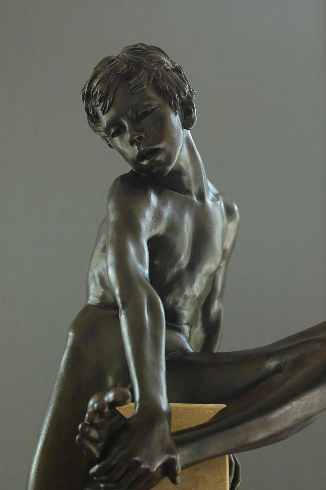 Finis Saltationis Bronze Sculpture Nude Boy Male Figure Marble Stone - Gold Nude Sculpture by Wim van der Kant