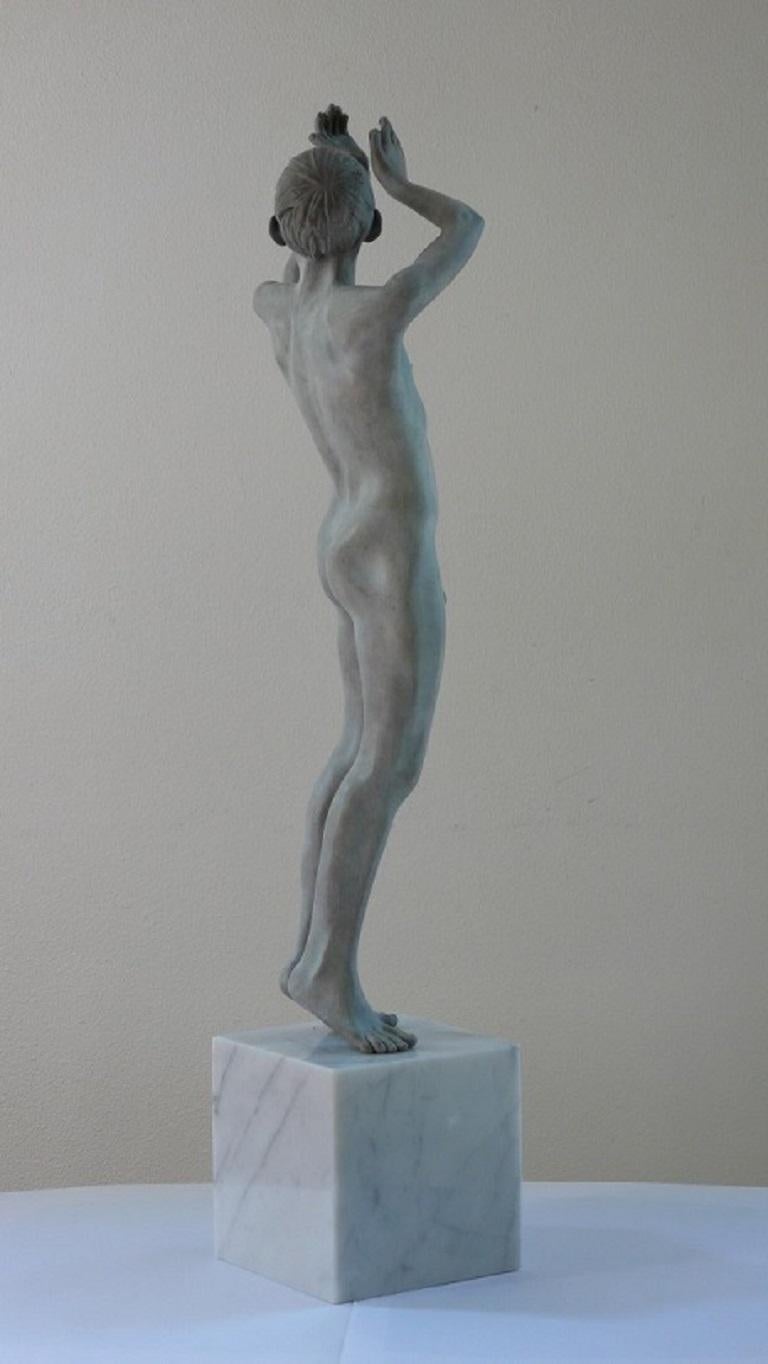 Gallulus Bronze Sculpture Nude Boy Male Figure Green Patina Marble Stone - Gold Nude Sculpture by Wim van der Kant