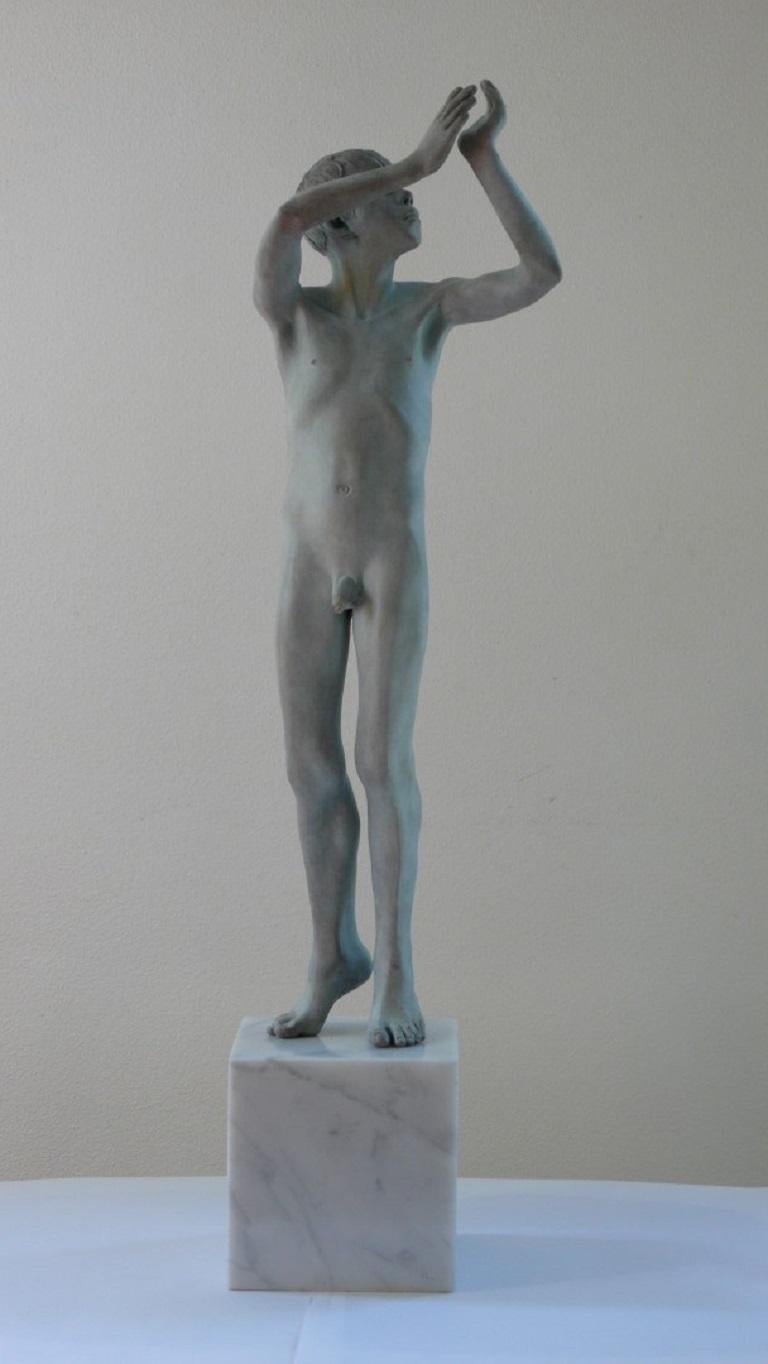 Gallulus Bronze Sculpture Nude Boy Male Figure Green Patina Marble Stone For Sale 1