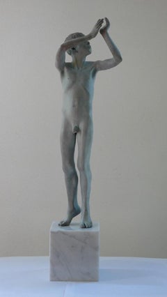 Antique Gallulus Bronze Sculpture Nude Boy Male Figure Green Patina Marble Stone