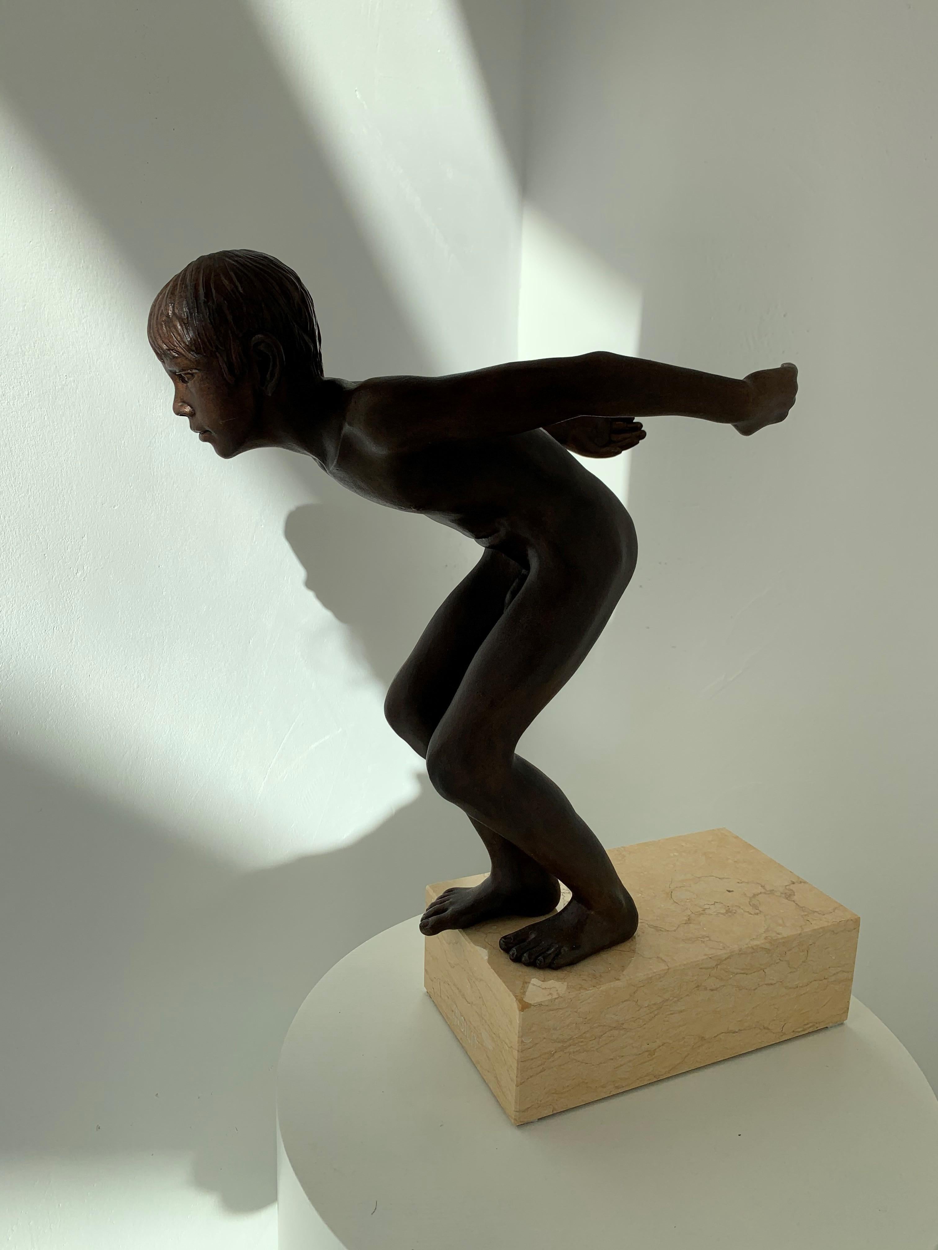 Insilit Bronze Marble Stone Nude Contemporary Sculpture Boy Jumping In Stock  For Sale 1