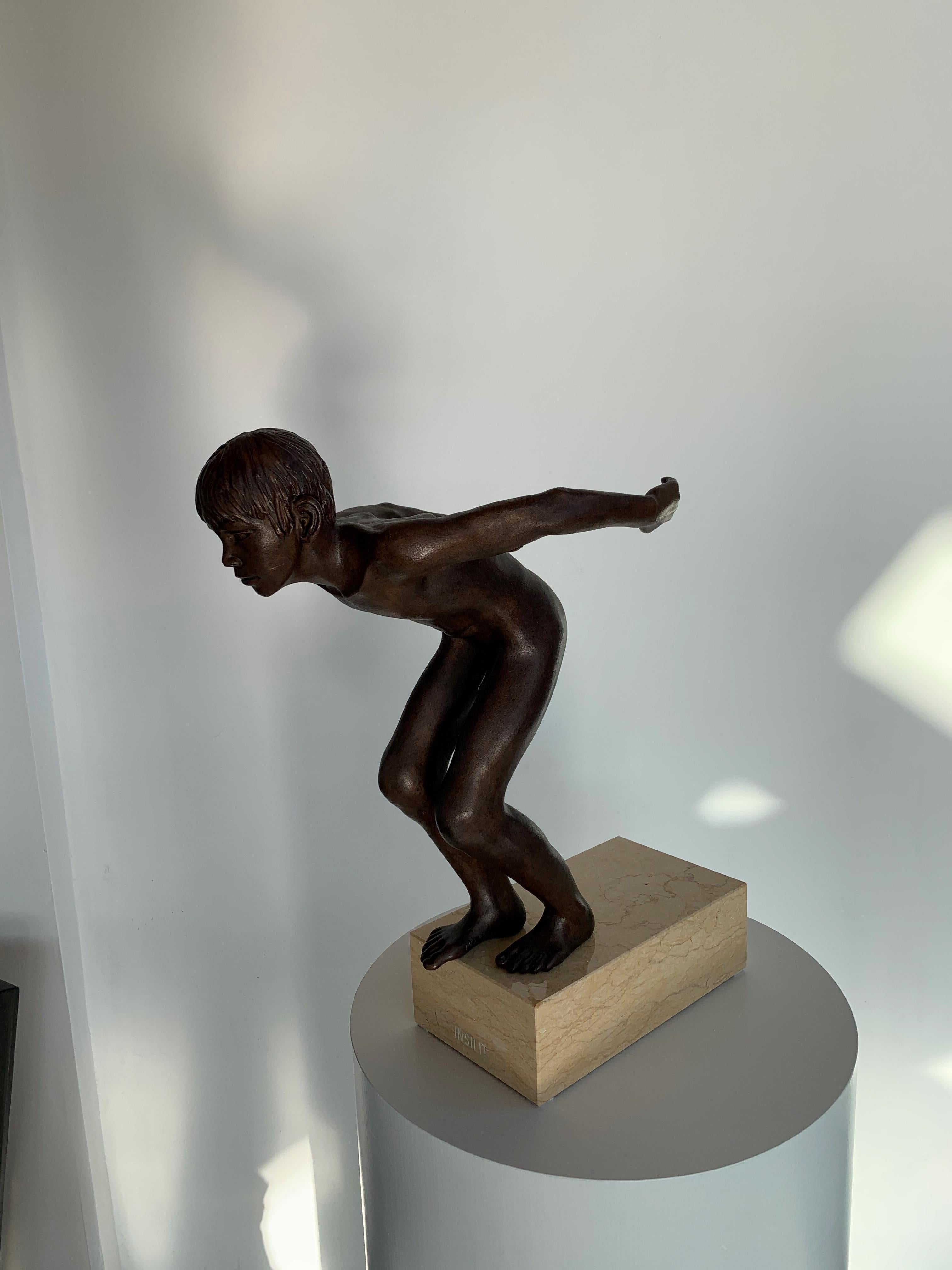 Insilit Bronze Marble Stone Nude Contemporary Sculpture Boy Jumping In Stock 