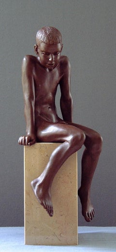 Vintage Ira Bronze Sculpture Contemporary Nude Boy Marble Stone Sitting