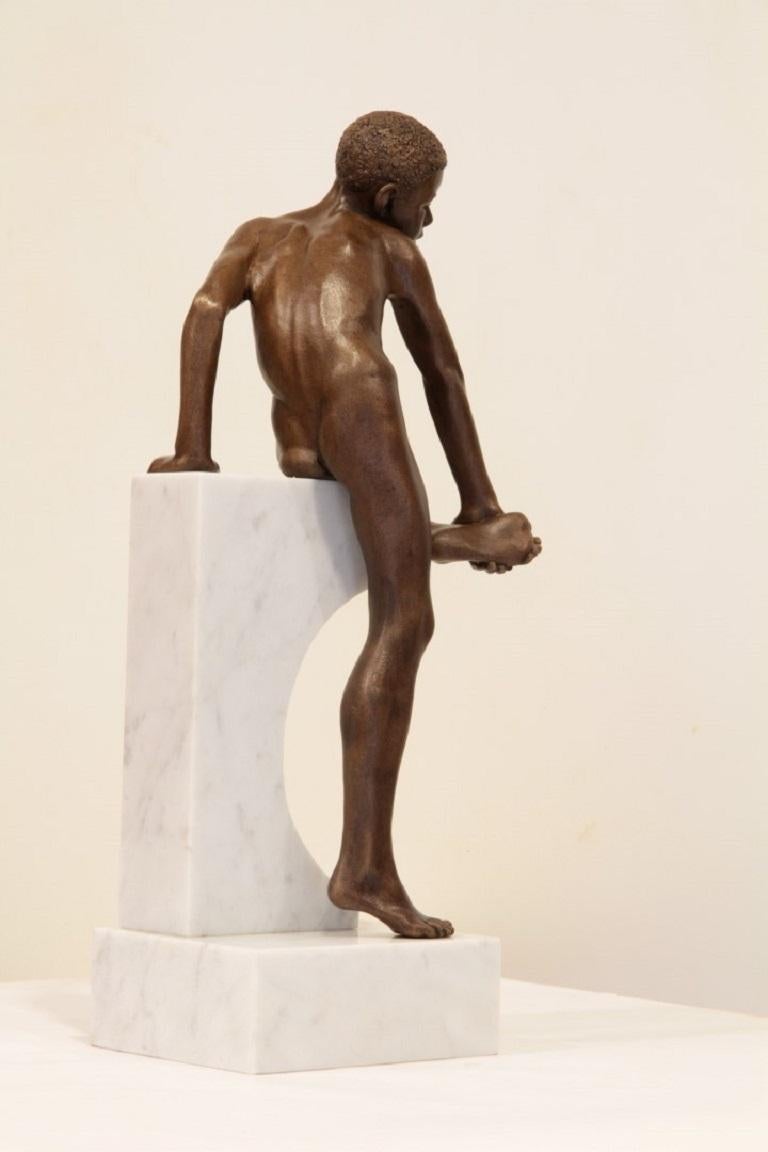 Saltationus Casus Bronze Contemporary Sculpture Nude Boy Marble Stone - Gold Nude Sculpture by Wim van der Kant