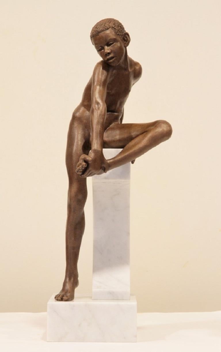 Saltationus Casus Bronze Contemporary Sculpture Nude Boy Marble Stone