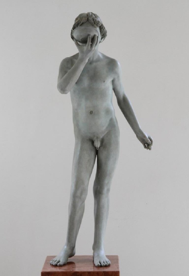 Sorbe Male Nude Figure Bronze Sculpture Standing Drinking  Green Patina In Stock - Gold Nude Sculpture by Wim van der Kant