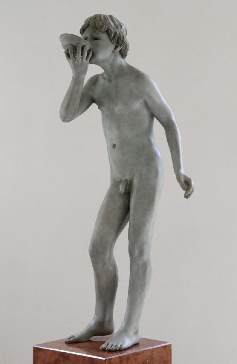 Wim van der Kant Figurative Sculpture - Sorbe Male Nude Figure Bronze Sculpture Standing Drinking  Green Patina In Stock