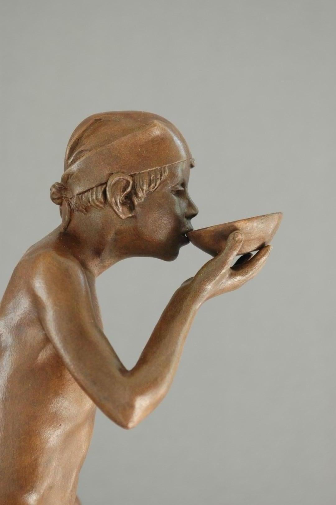 Sorbe Small Bronze Sculpture Nude Boy Drinking Male Figure Marble Stone For Sale 1