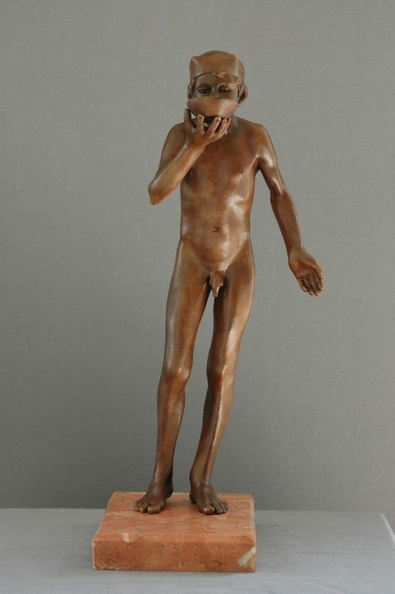 Wim van der Kant - Sorbe Small Bronze Sculpture Nude Boy Drinking Male  Figure Marble Stone For Sale at 1stDibs