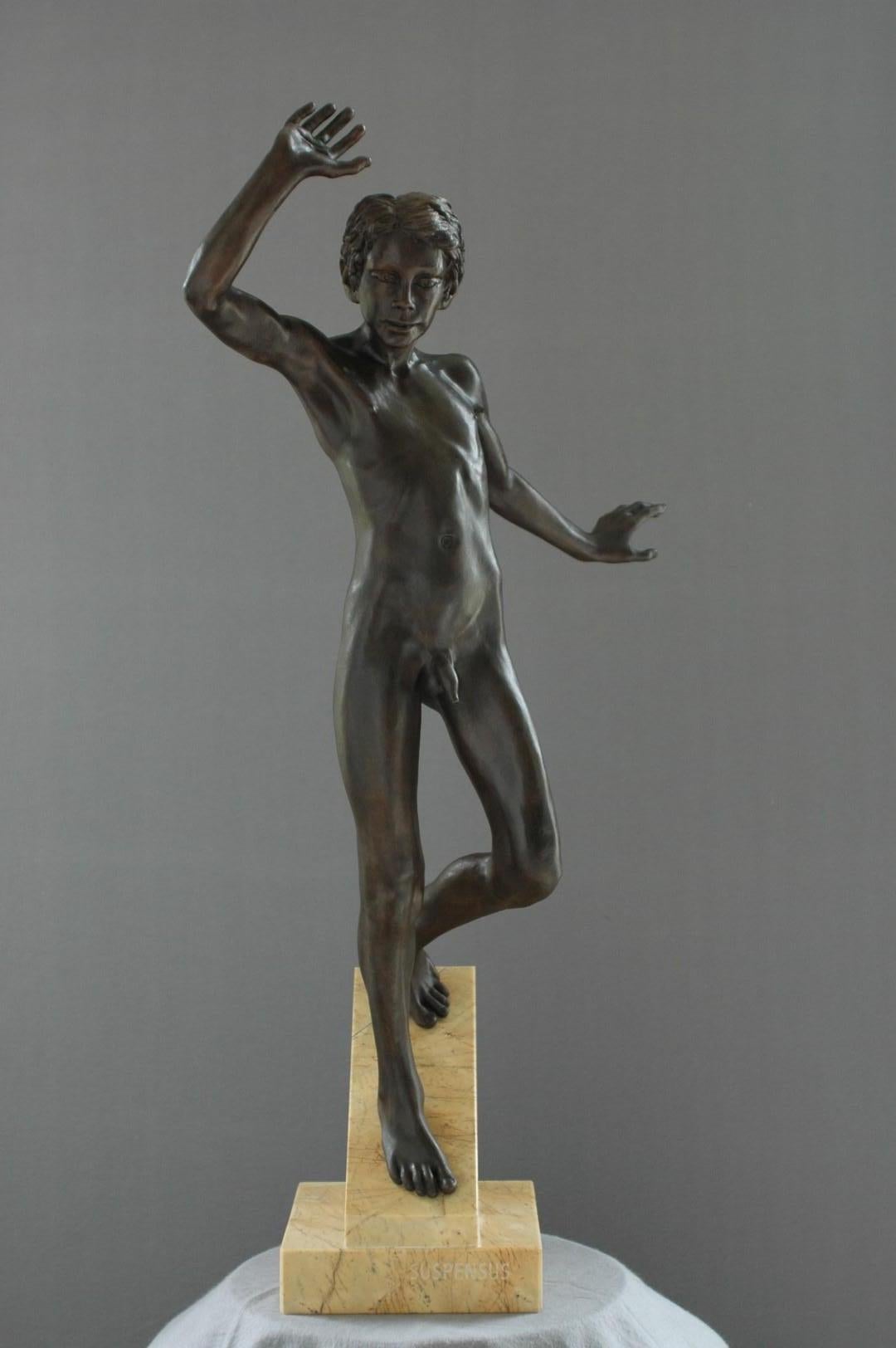 Wim van der Kant Nude Sculpture - Suspensus Bronze Sculpture Nude Boy Male Figure Marble Stone