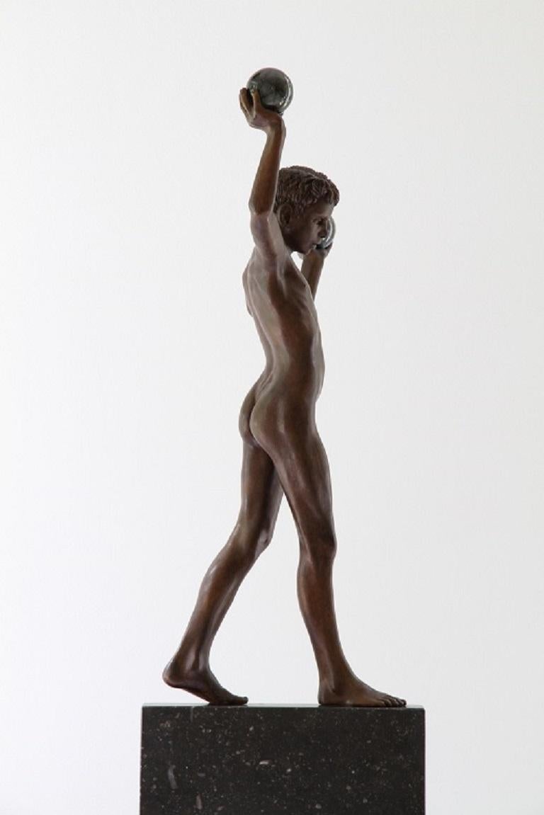 Tollit Bronze Sculpture Nude Boy Contemporary Male Figure Balance Marble Stone - Gold Figurative Sculpture by Wim van der Kant