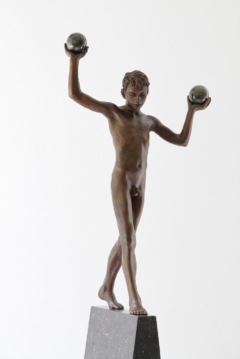 Tollit Bronze Sculpture Nude Boy Contemporary Male Figure Balance Marble Stone For Sale 1