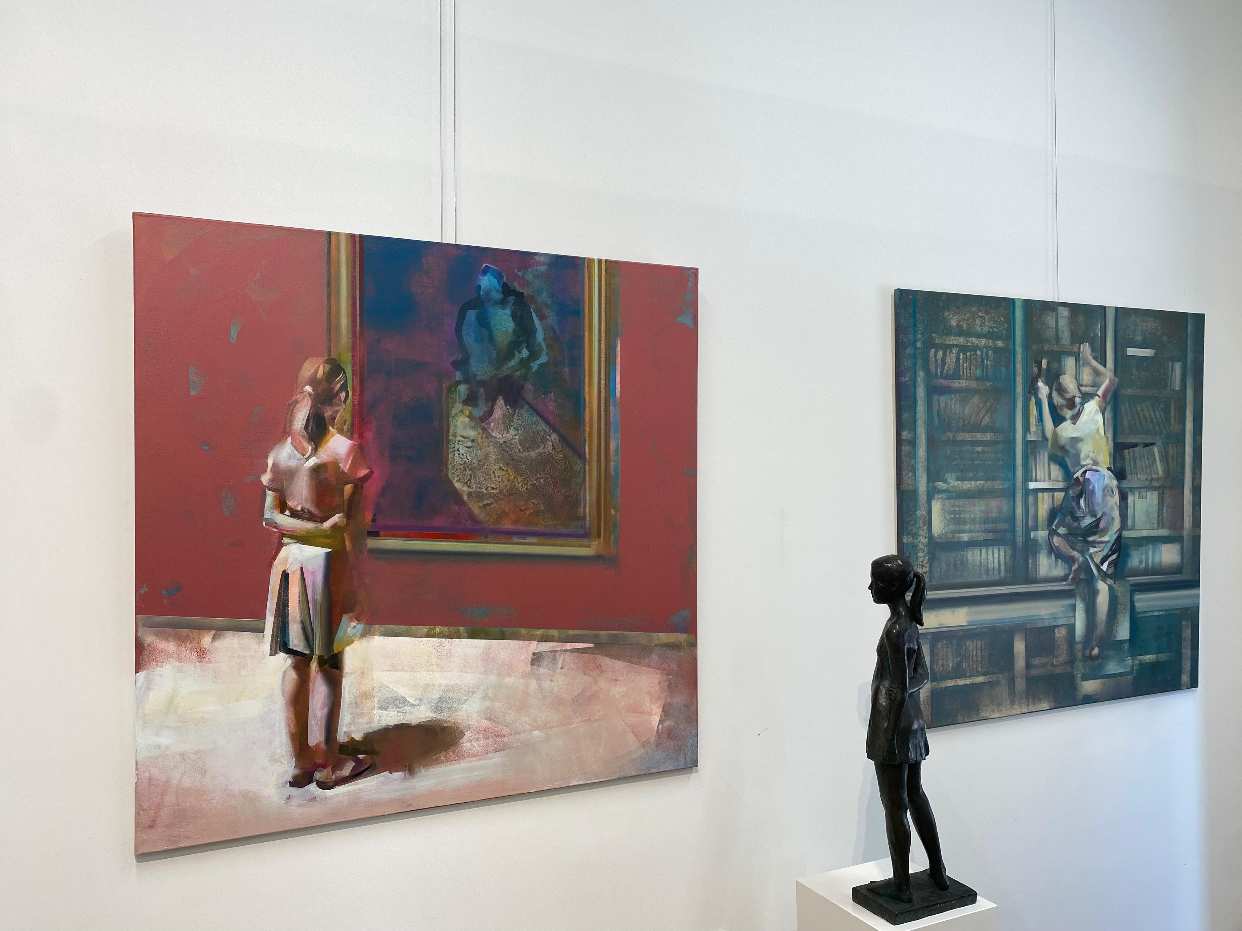 Marjolein
76 x 26 x 15 cm
Bronze

The theme van der Kraan likes most is to show the growing of young girls. Living in their own world. Like this girl watching something she likes. The narrative sculptures show 'the woman' and 'the girl' withdrawn