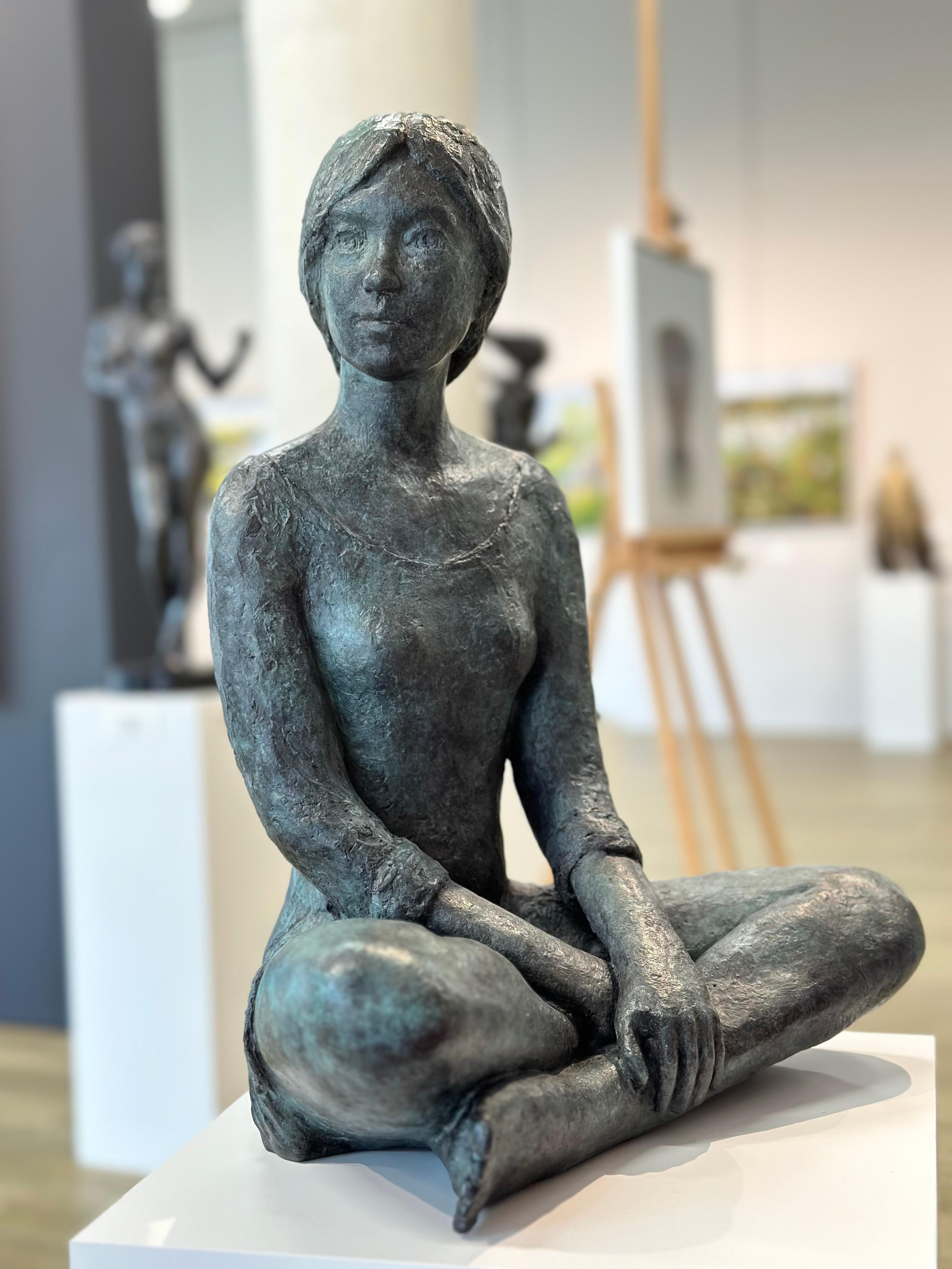 Sandra- 21st Century Bronze Sculpture of a sitting Young Girl - Gold Figurative Sculpture by Wim van der Kraan