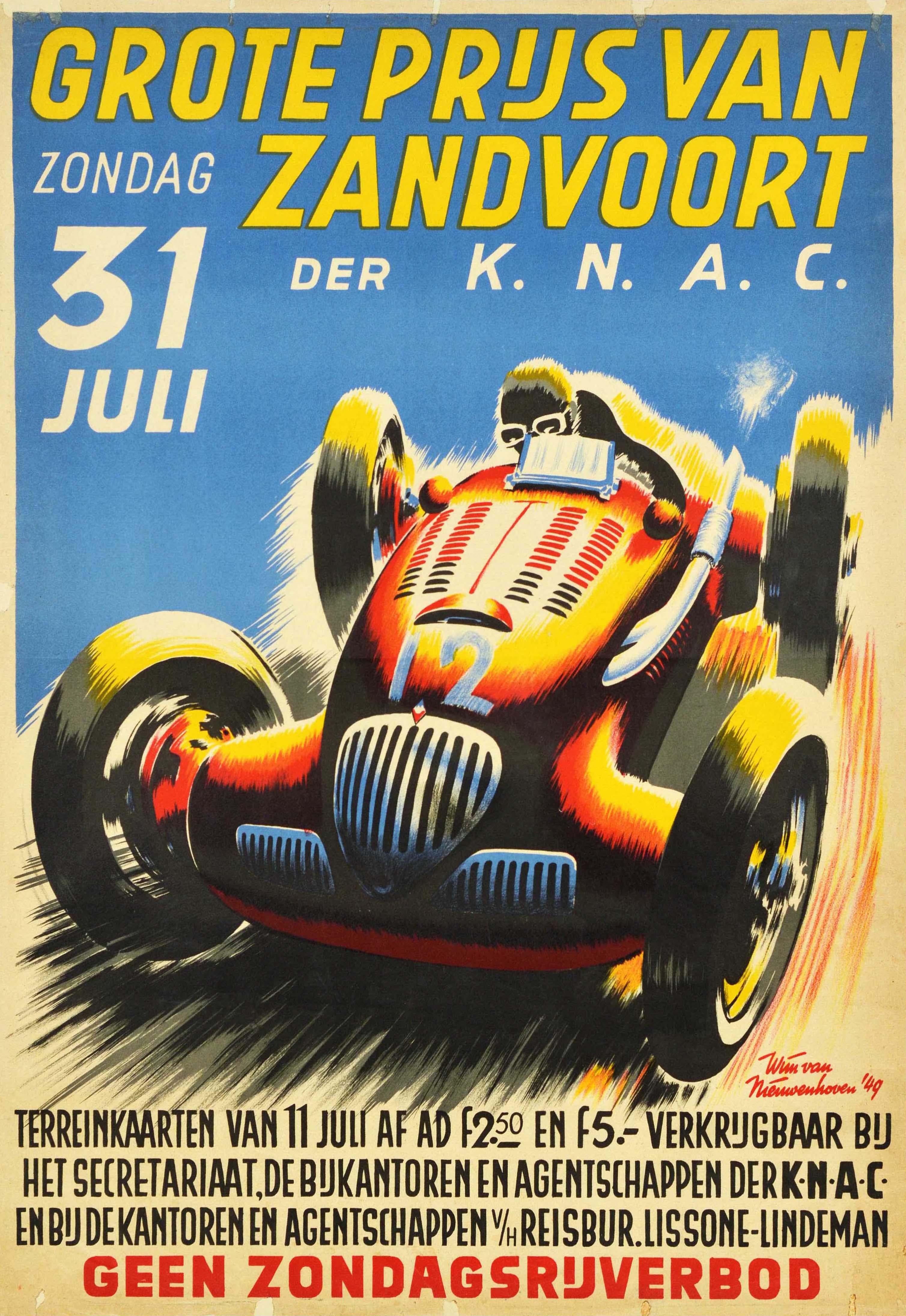 Wim Van Nieuwenhoven - Original Vintage Sport Poster Dutch Grand Prix  Zandvoort Formula One Car Race For Sale at 1stDibs