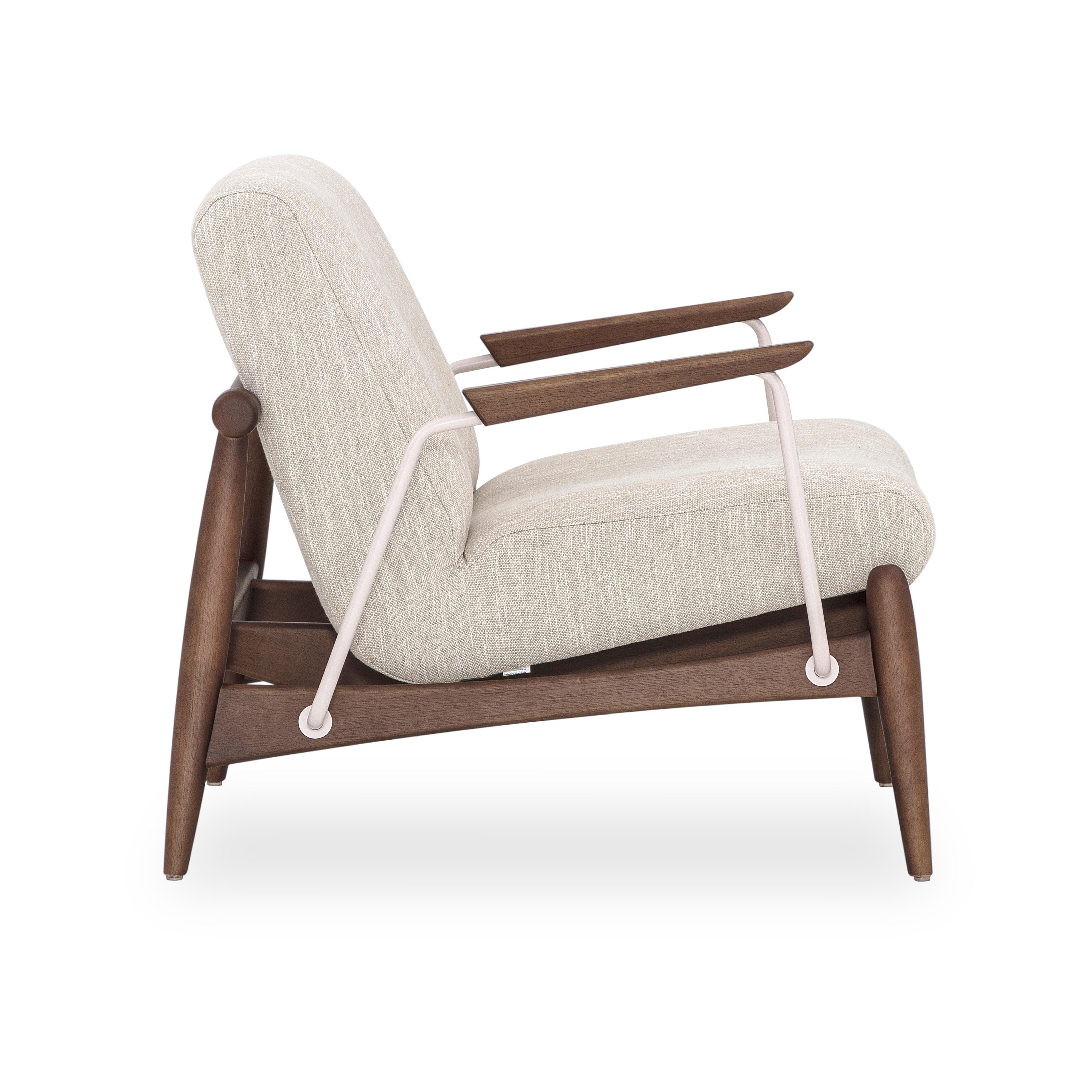 The Win armchair features metal trimmings with a walnut wood finish frame, wrapped in a beautiful ivory fabric. Our amazing Uultis design team has created this armchair for your comfort and support, that you can place in any room of your house. It