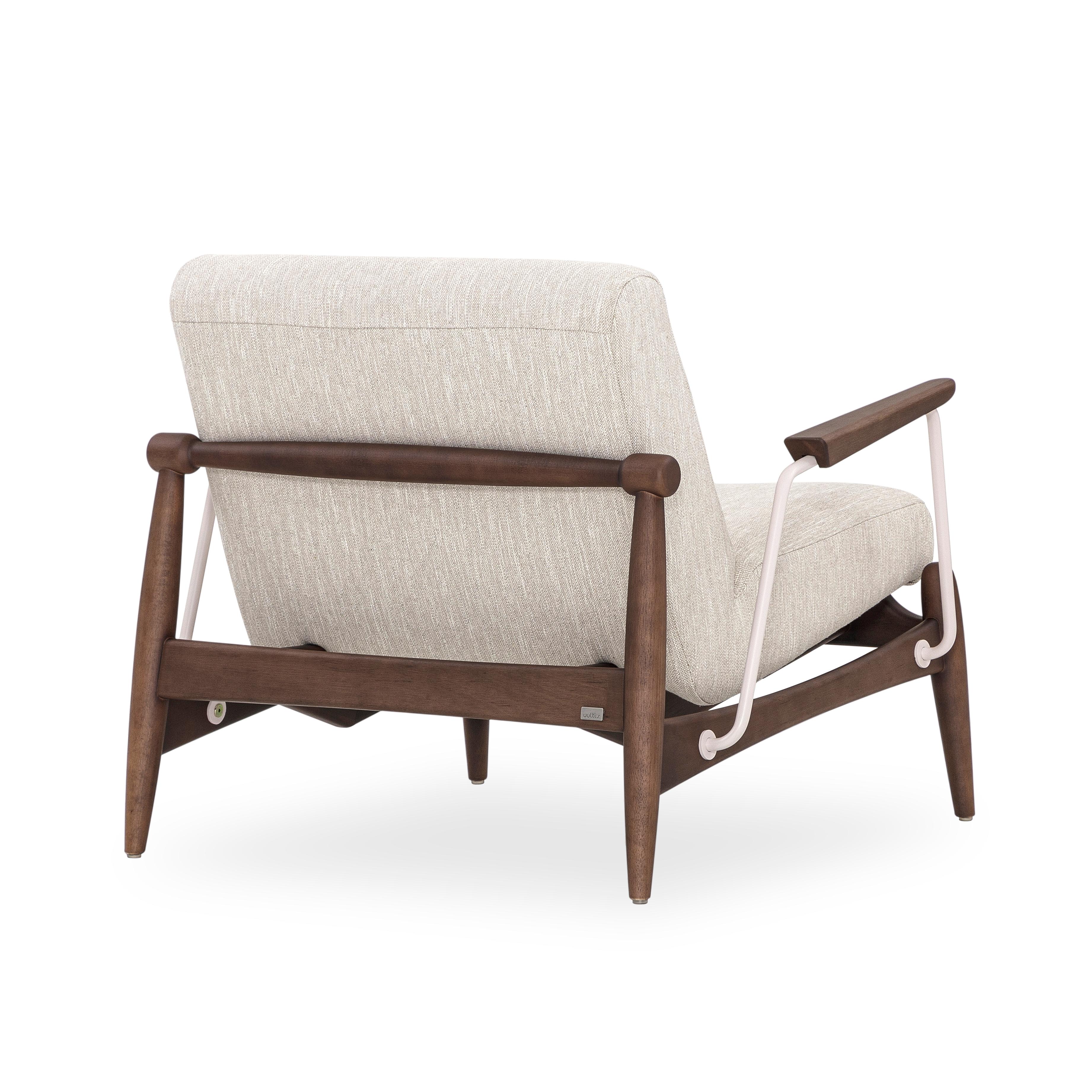 Brazilian Win Armchair Featuring Metal & Walnut Wood Finish Frame with Ivory Fabric For Sale