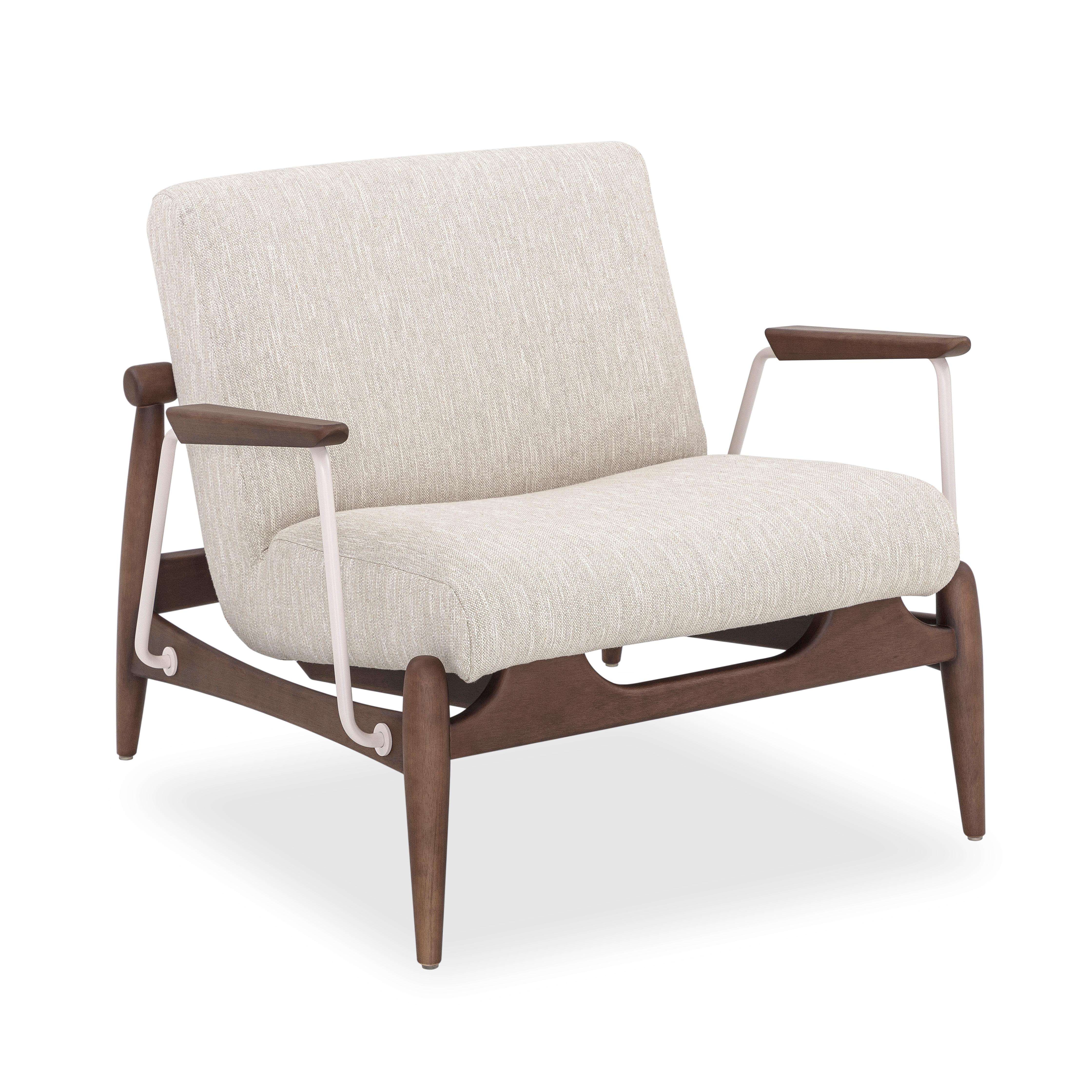 Contemporary Win Armchair Featuring Metal & Walnut Wood Finish Frame with Ivory Fabric For Sale