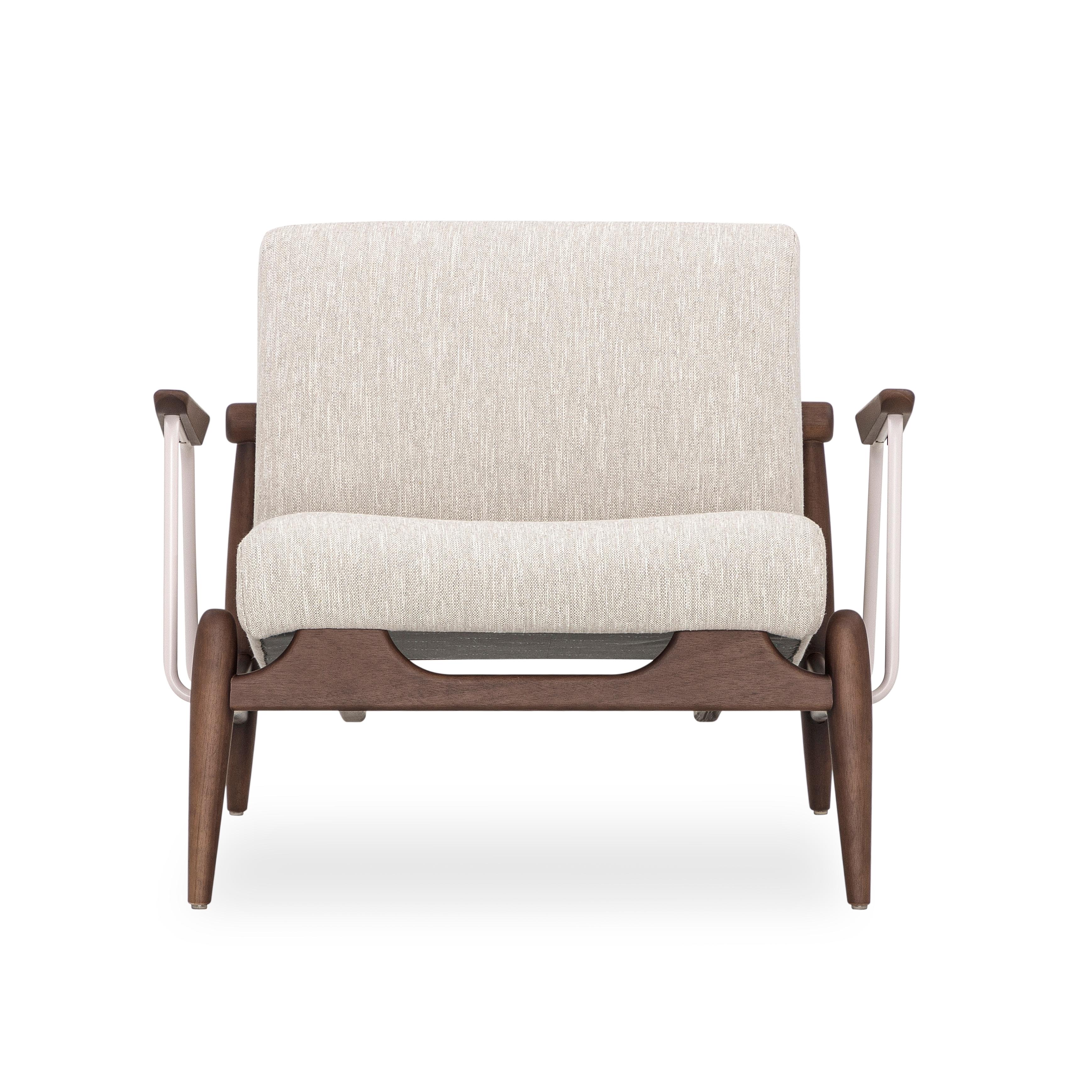 Win Armchair Featuring Metal & Walnut Wood Finish Frame with Ivory Fabric For Sale 2